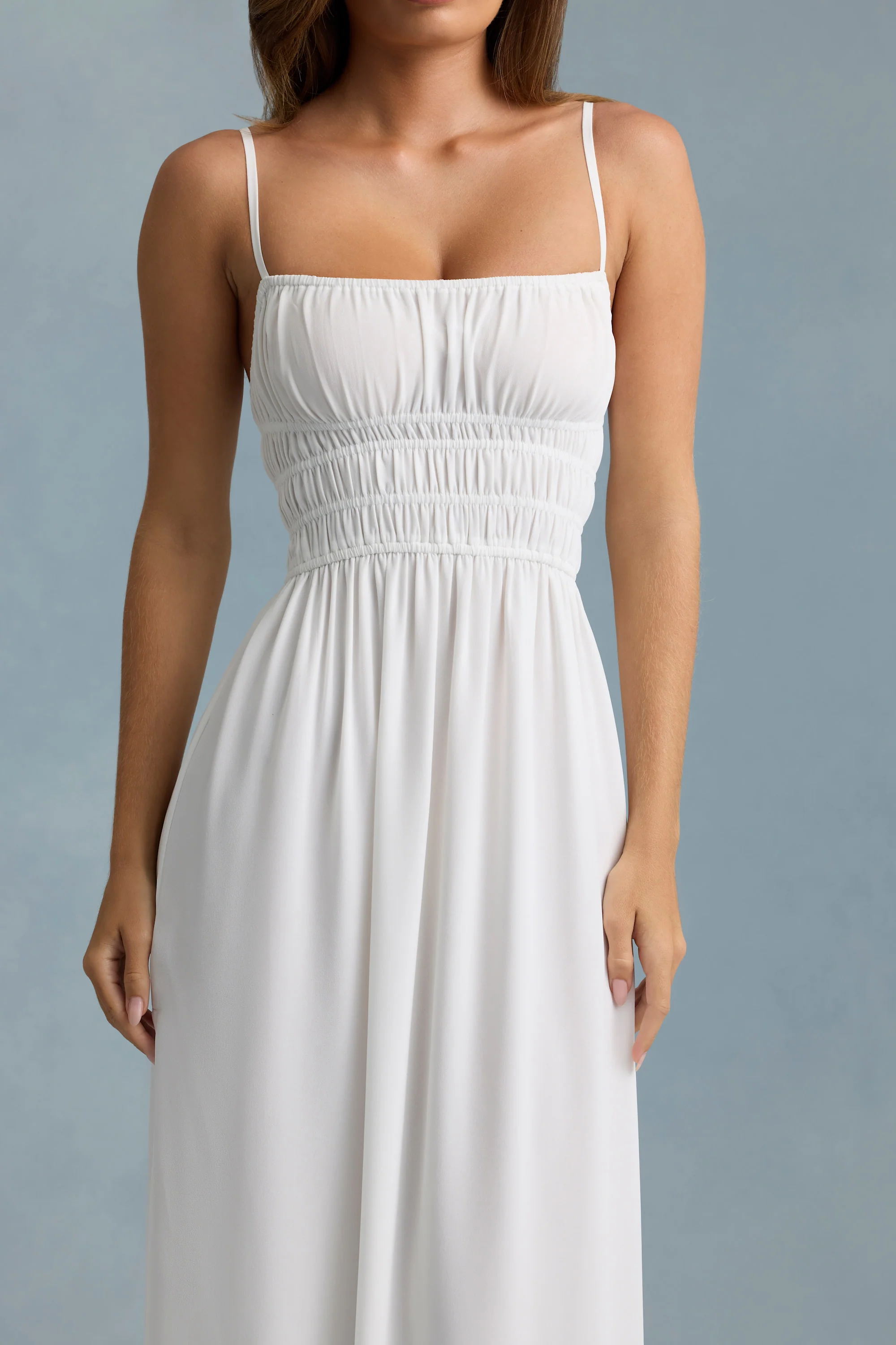 Shirred Camisole Maxi Dress in White - TREBLEV