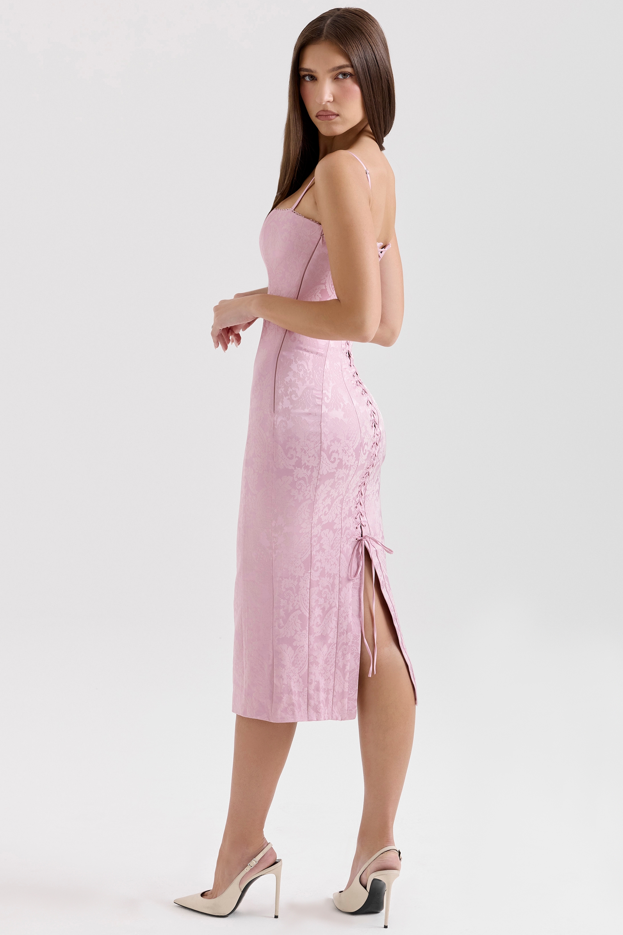 Pink Jacquard Lace Up Bodycon Midi Dress - TREBLEV