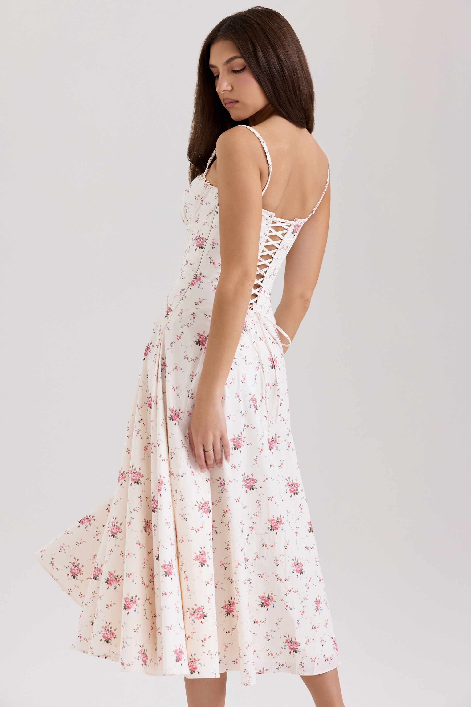 White Stretch Cotton Rose Print Midi Sundress - TREBLEV