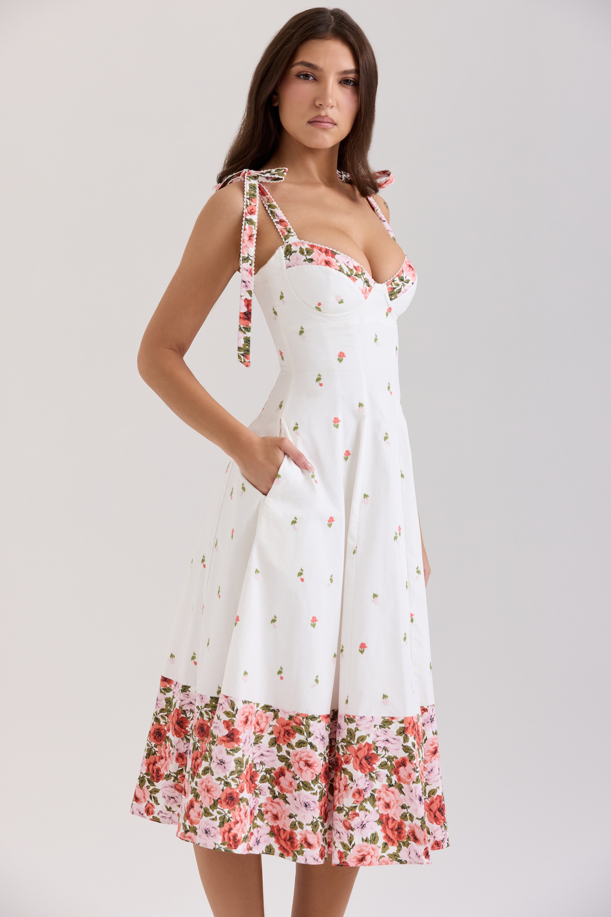 White Floral Print Stretch Cotton Midi Sundress - TREBLEV