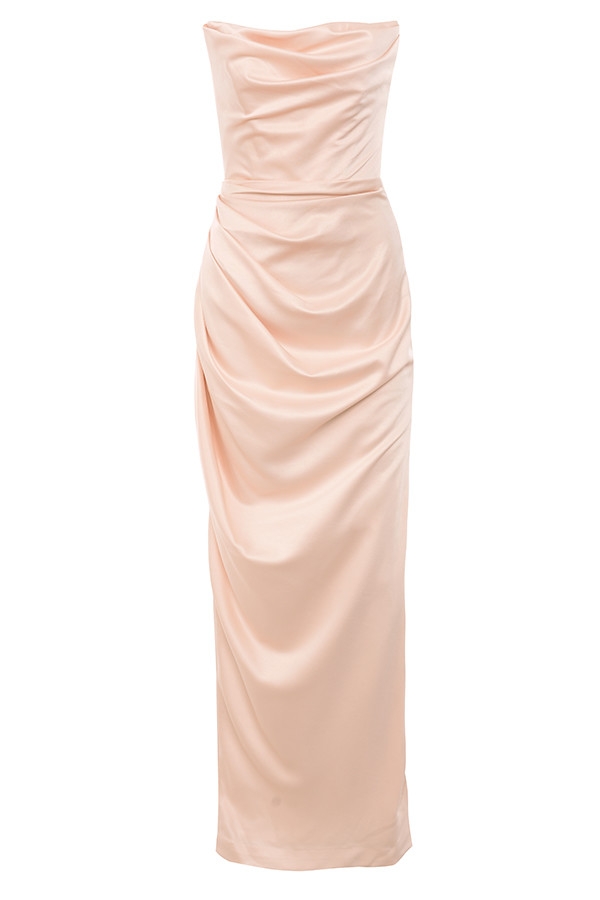 Champagne Satin Strapless Gown - TREBLEV