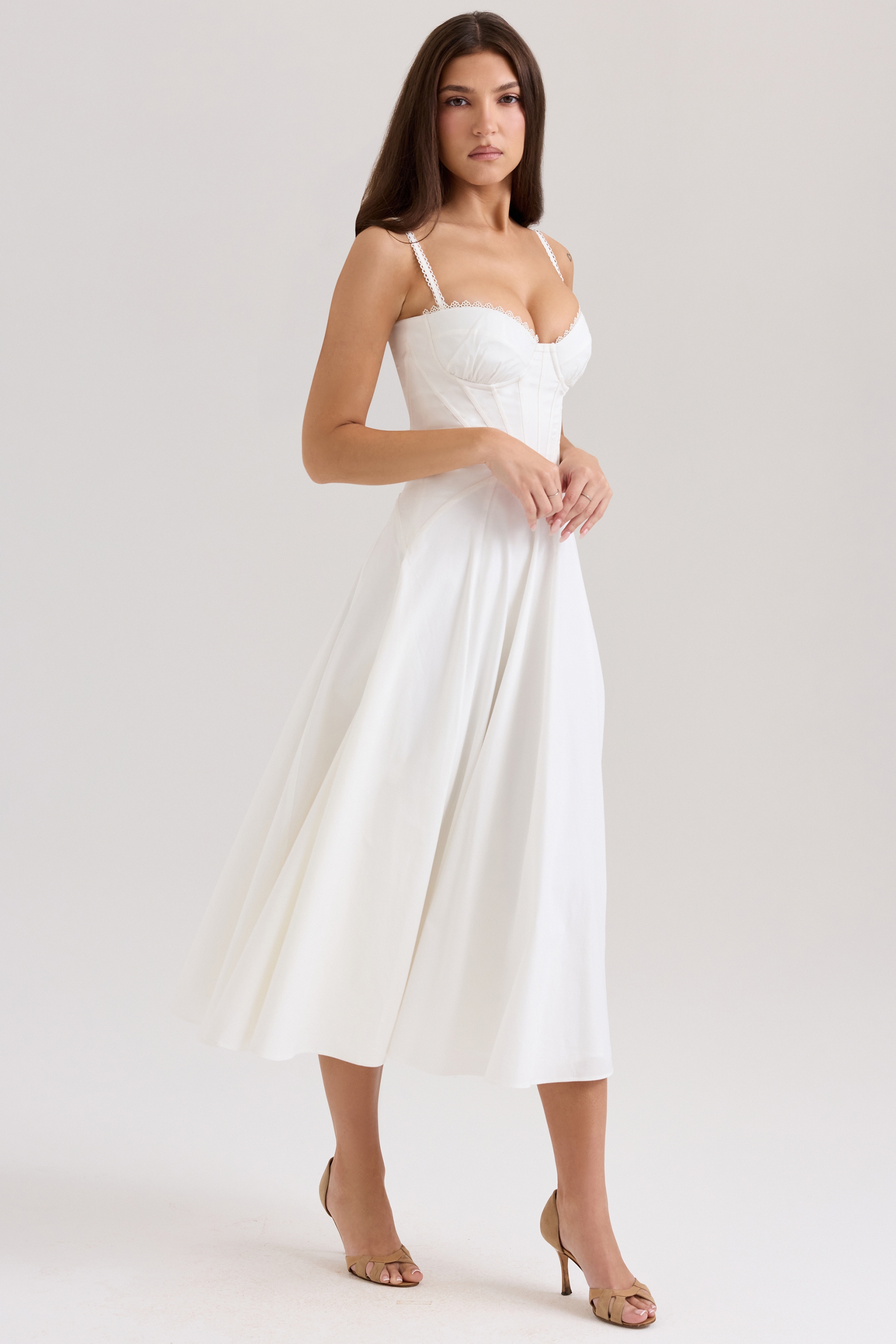 White Stretch Cotton Midi Sundress - TREBLEV