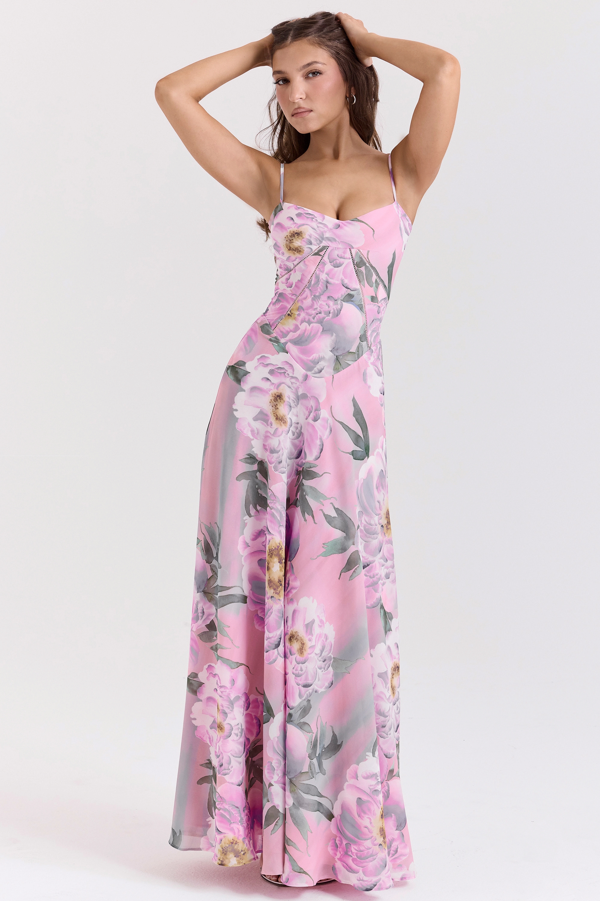 Pink Floral Print Lace Back Maxi Dress - TREBLEV