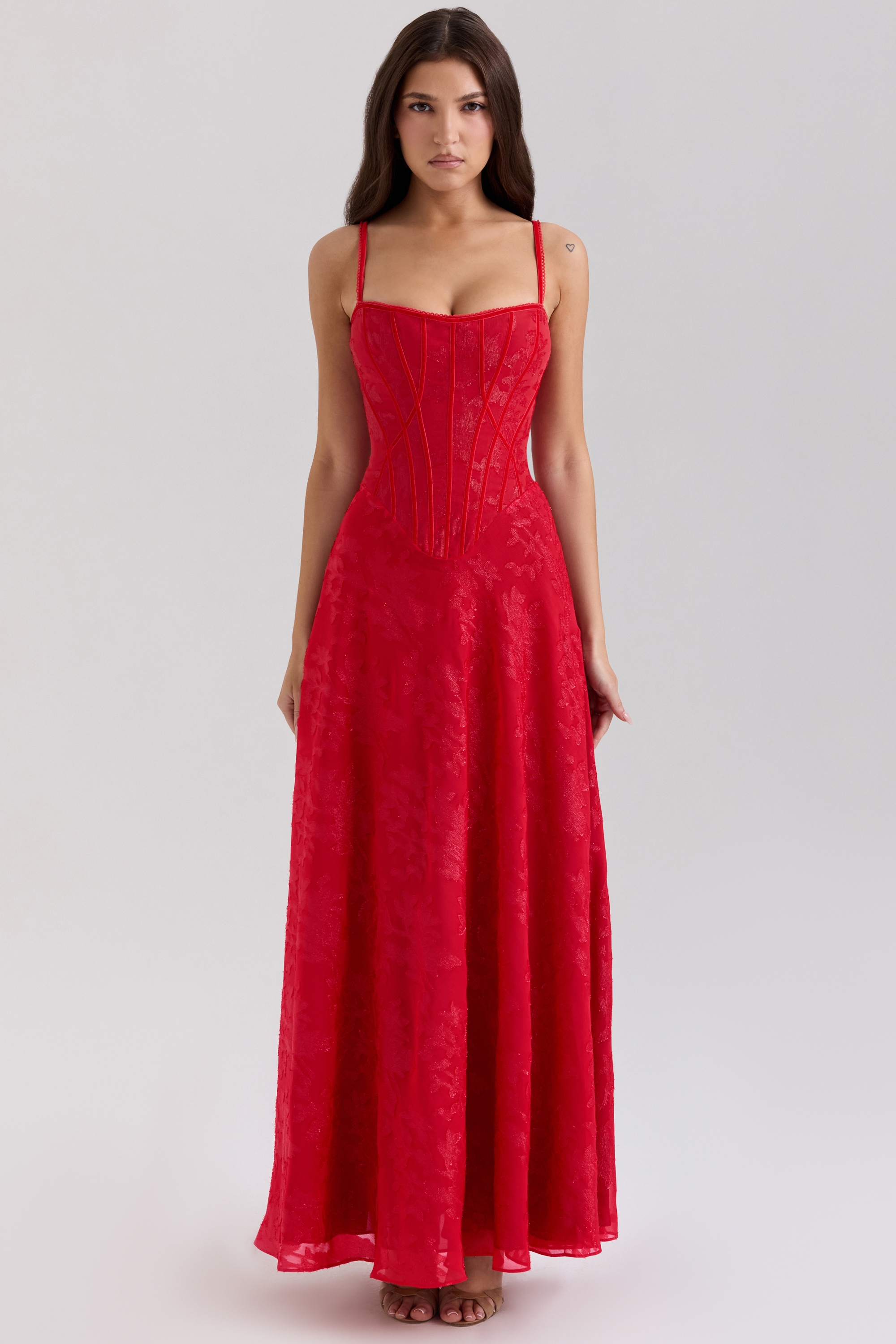 Red Lurex Chiffon Maxi Dress - TREBLEV