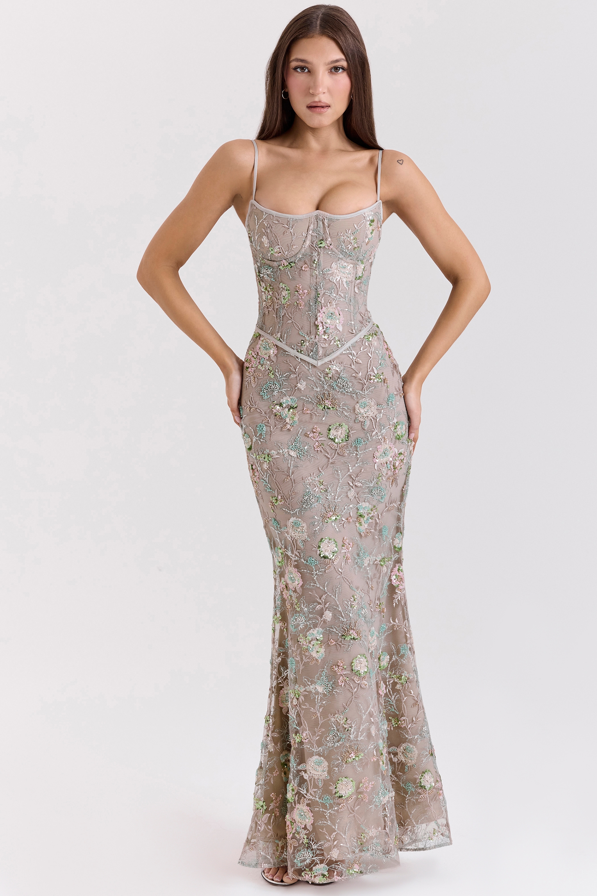 Silver Embellished Beaded Corset Maxi Dress - TREBLEV