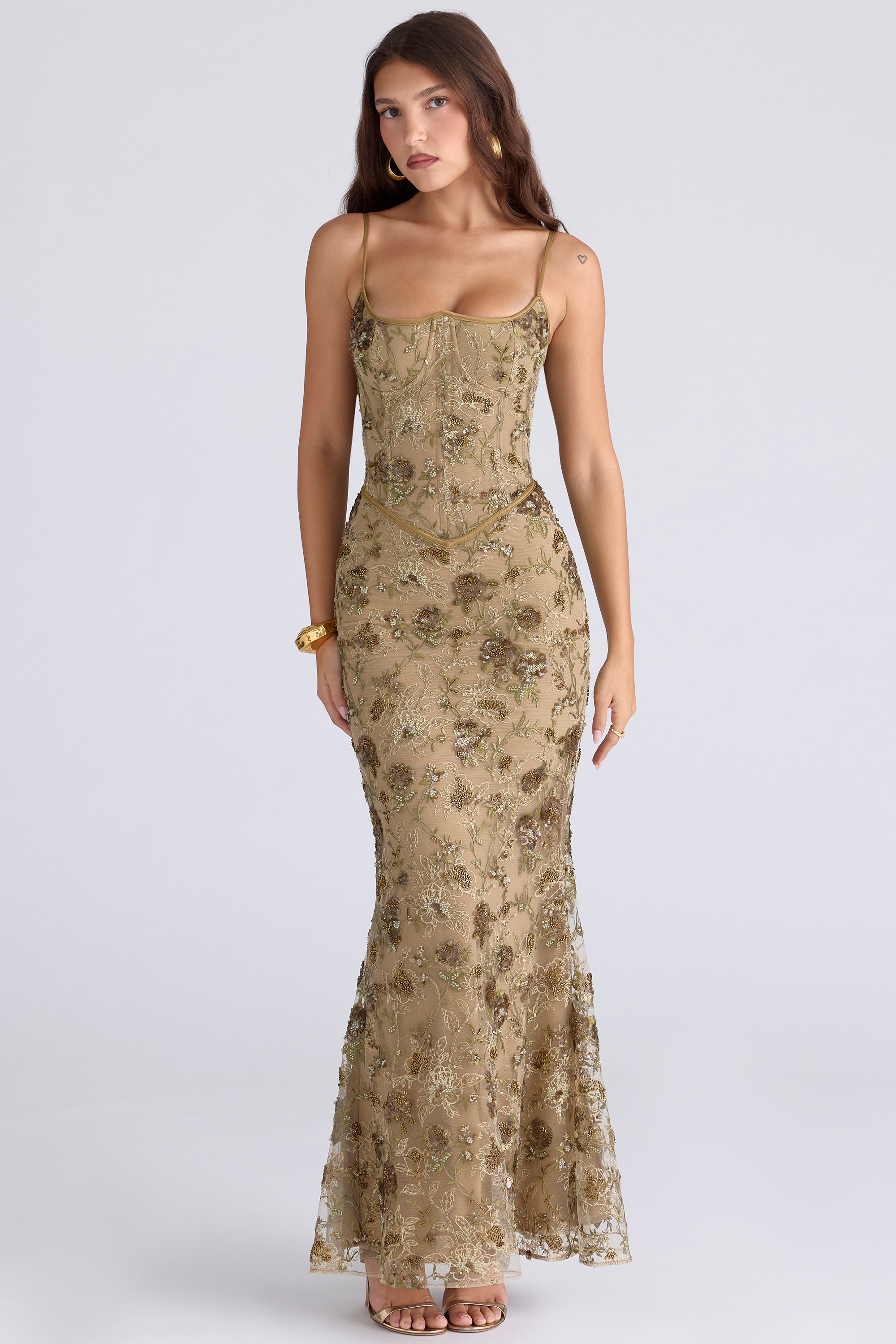 Olive Bronze Hand Beaded Embellished Corset Maxi Dress - Limited Edition - TREBLEV