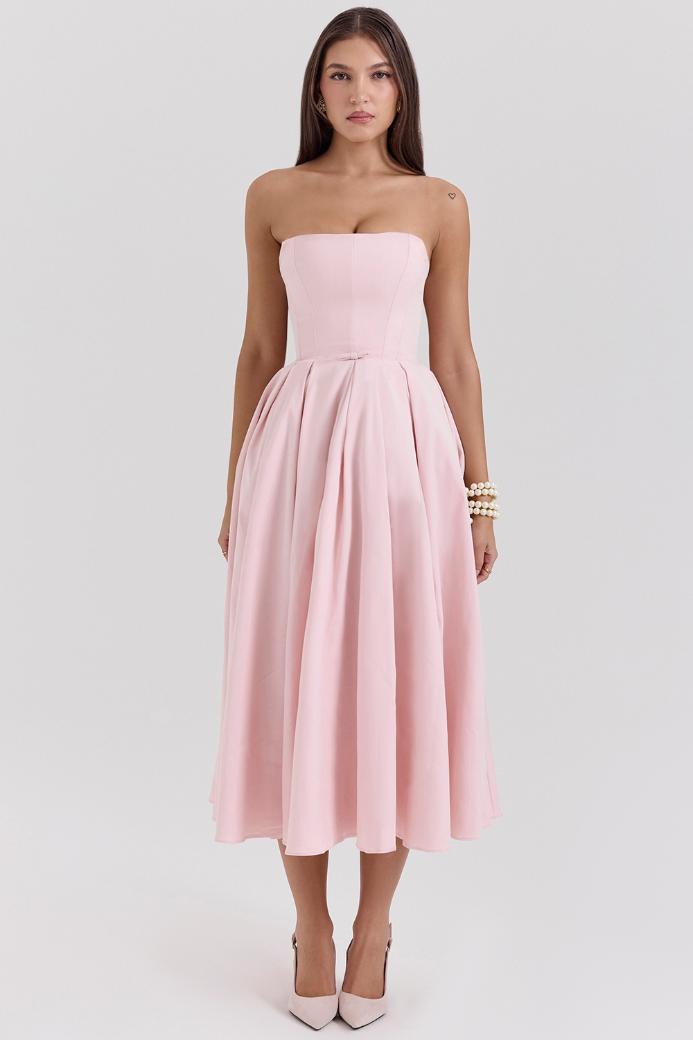 Parisian Pink Strapless Corset Midi Dress - TREBLEV