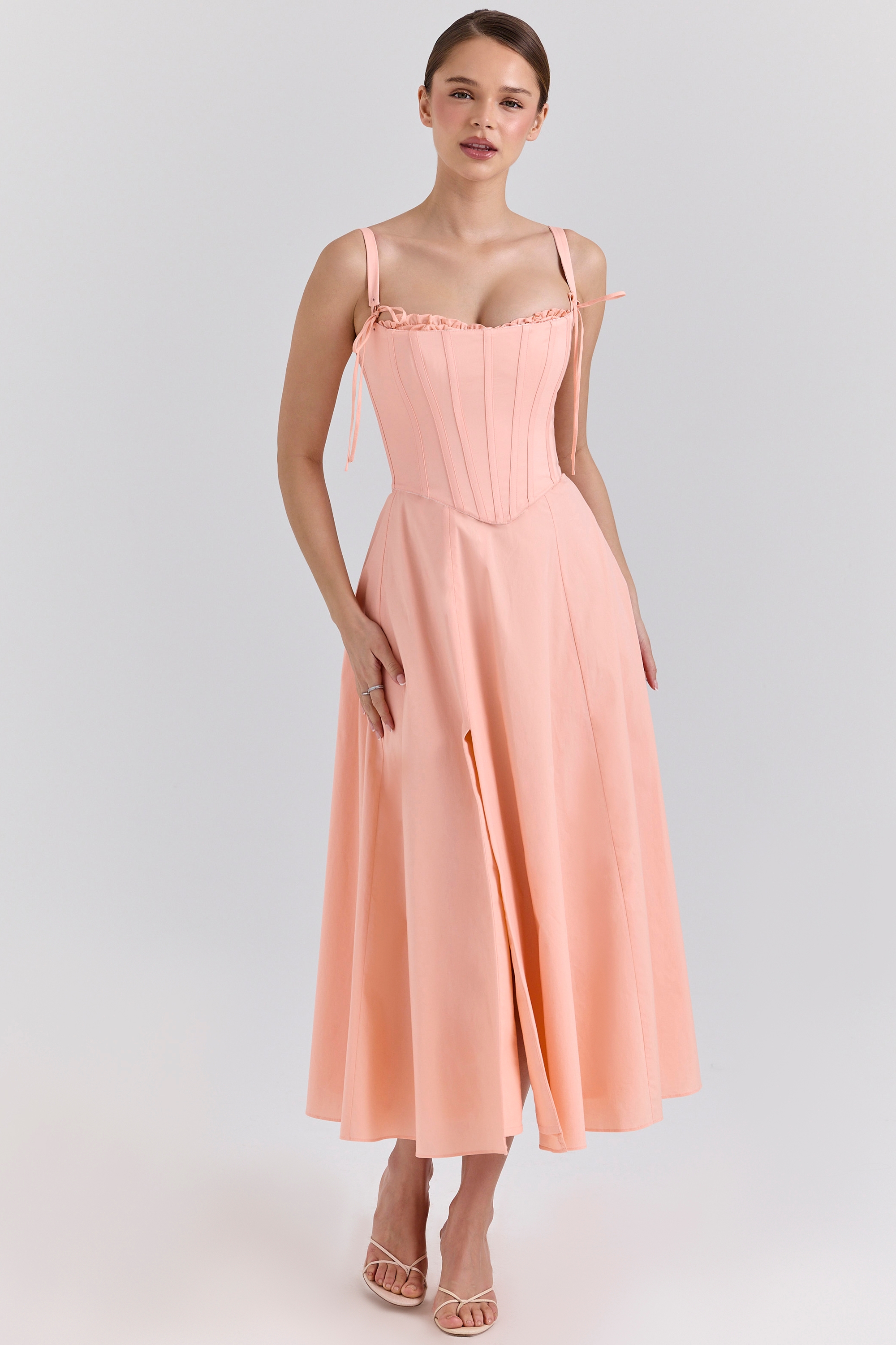 Peach Cotton Detachable Corset Midi Sundress - TREBLEV