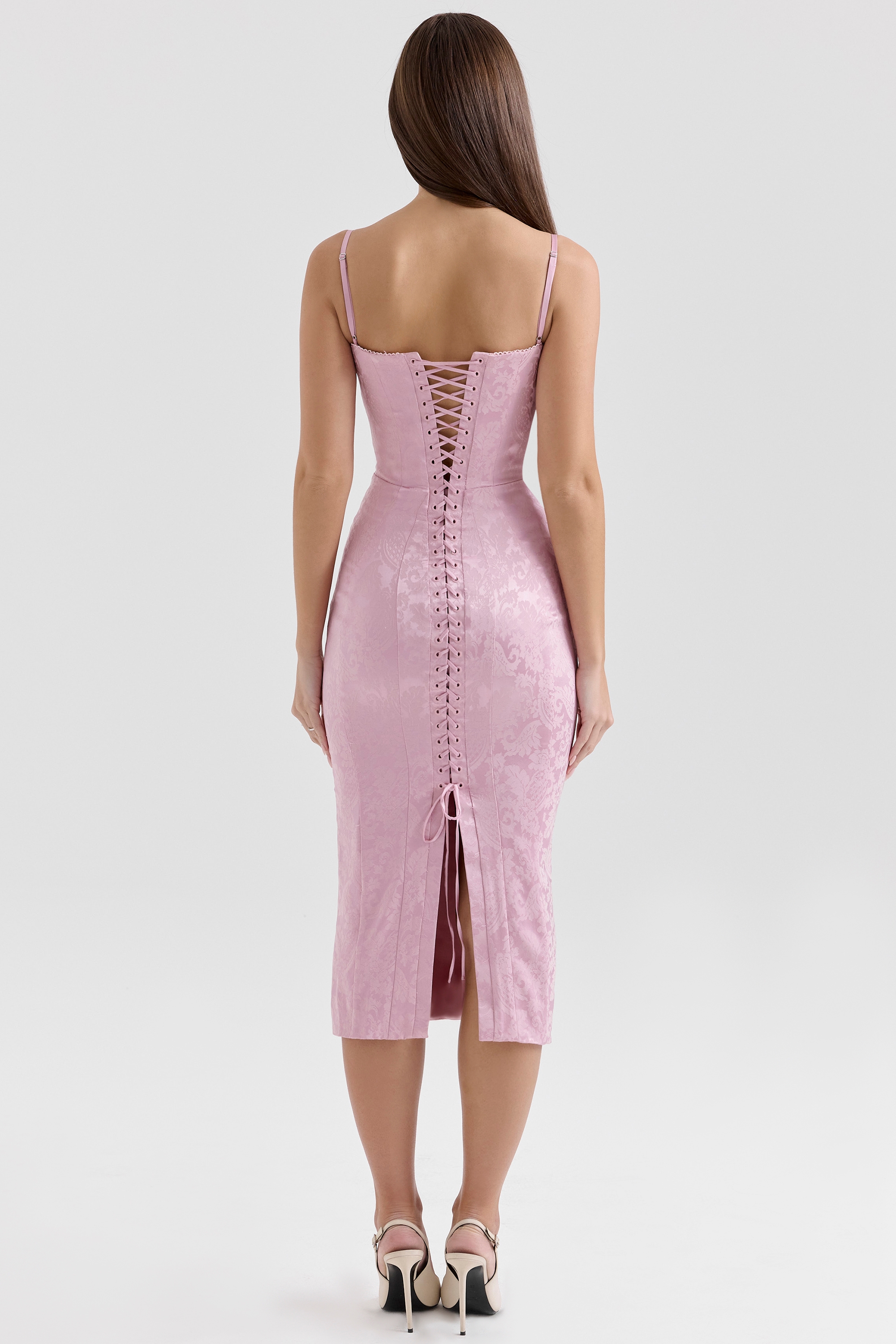 Pink Jacquard Lace Up Bodycon Midi Dress - TREBLEV