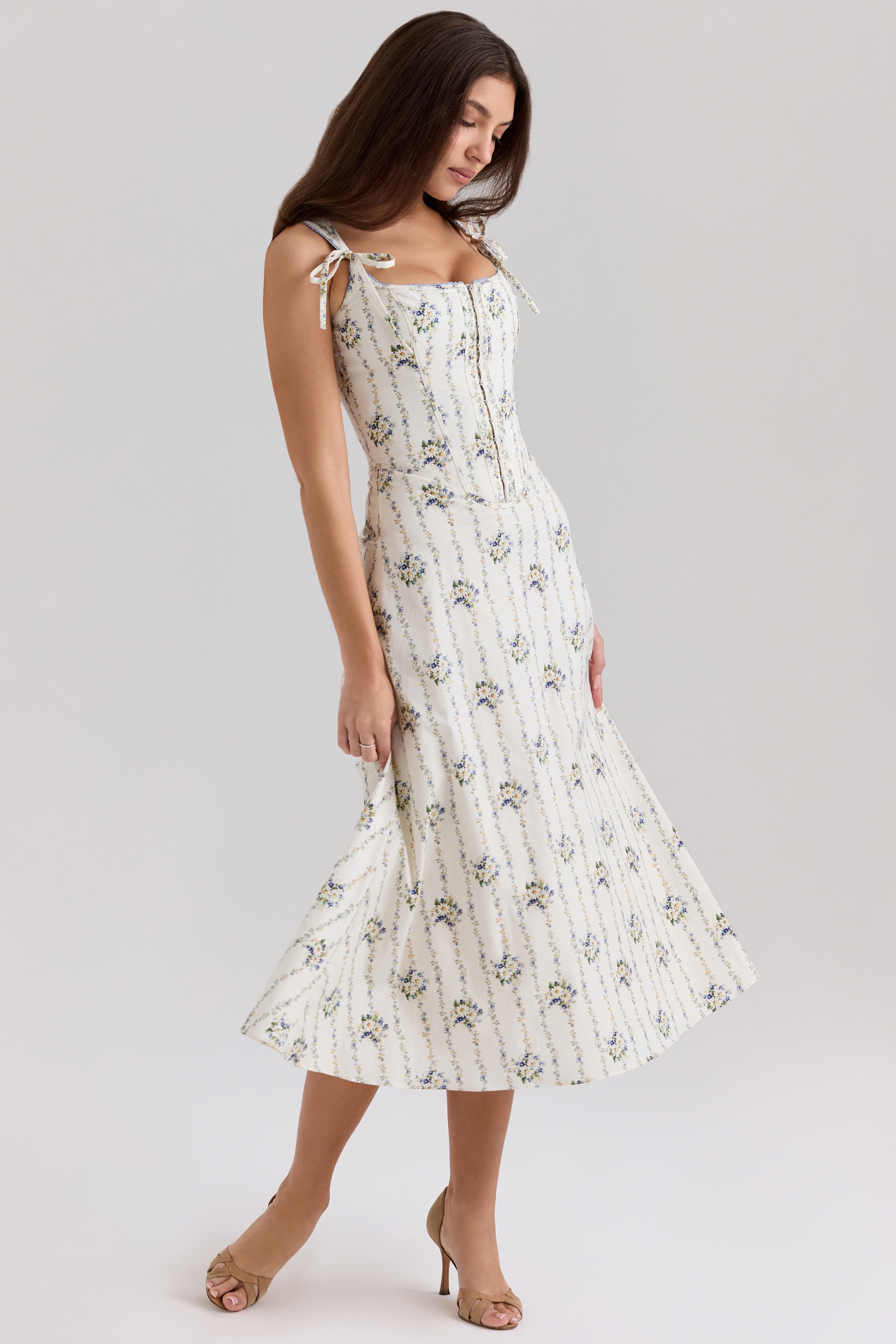 Cream Daisy Print Stretch Cotton Midi Dress - TREBLEV