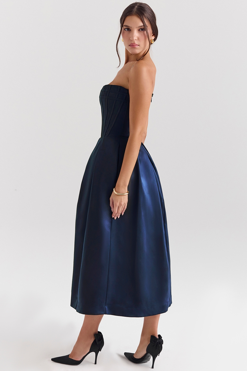 Midnight Blue Strapless Detachable Bow Midi Dress - TREBLEV