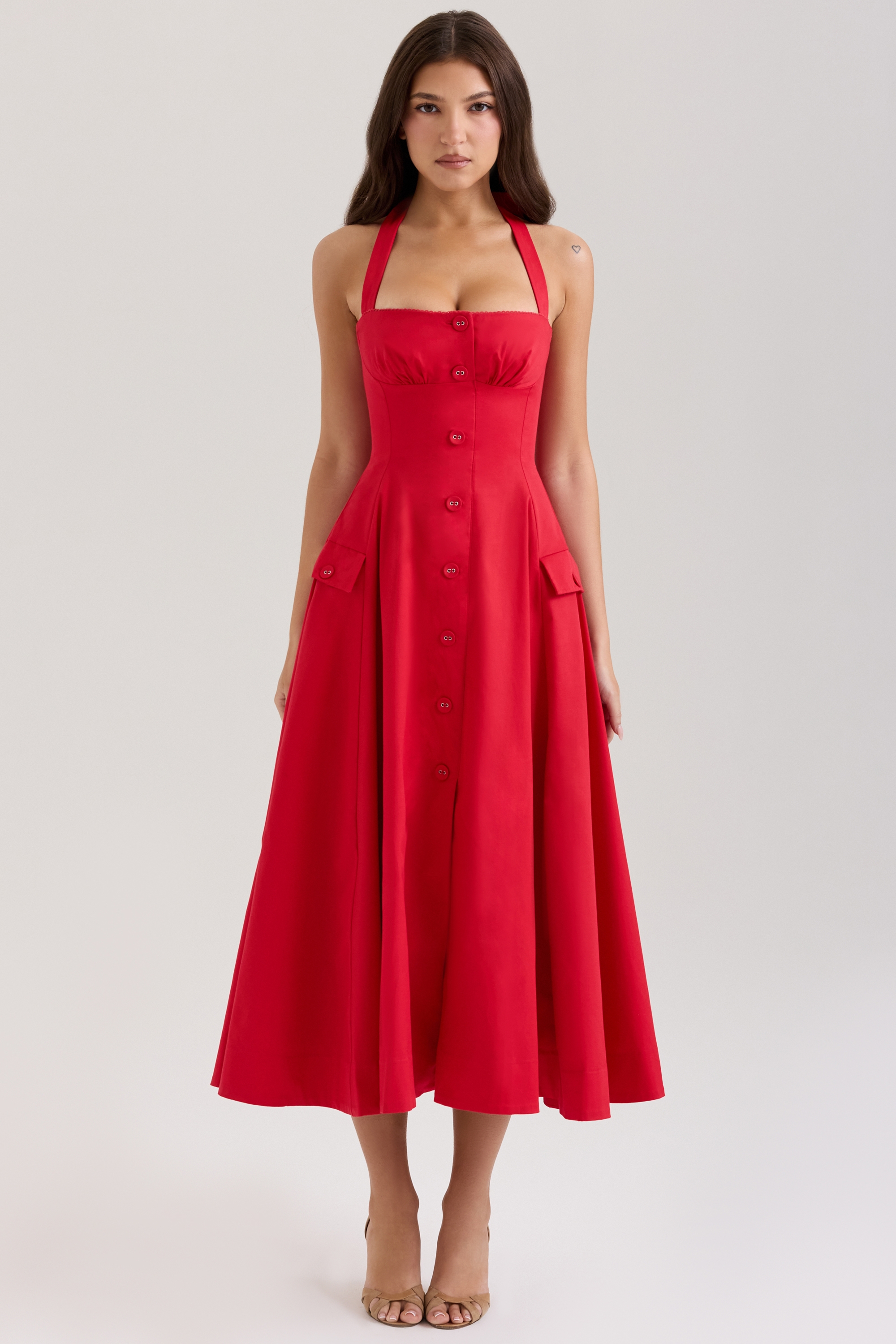 Red Stretch Cotton Button Halter Neck Midi Dress - TREBLEV