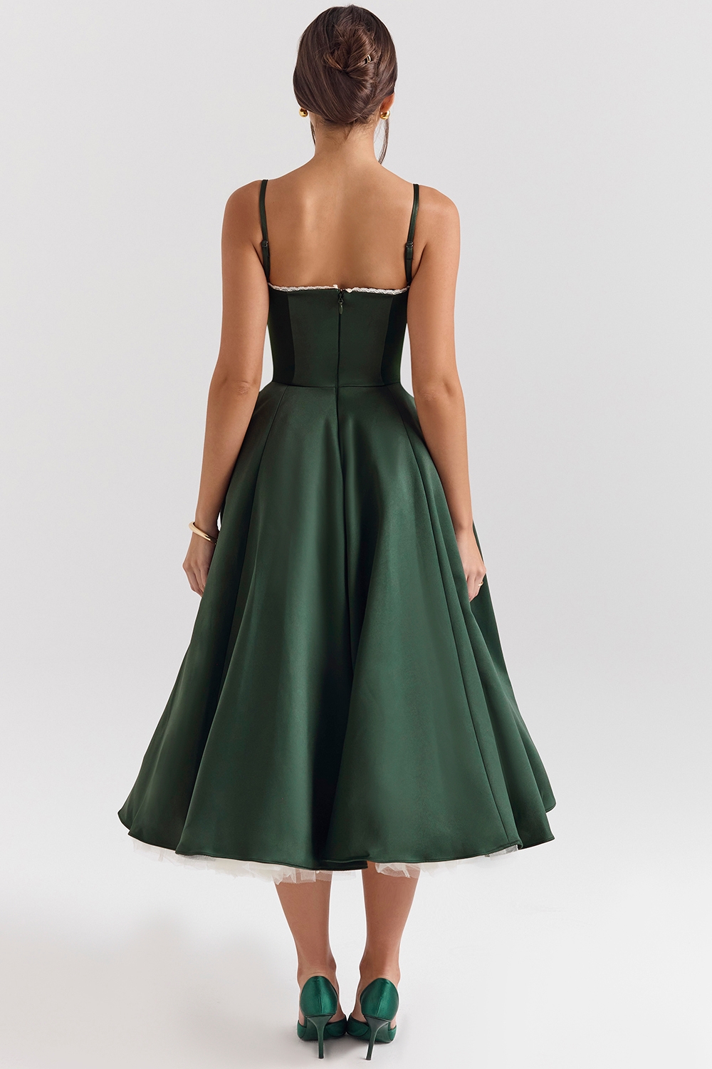 Forest Green Satin Tulle Midi Dress - TREBLEV