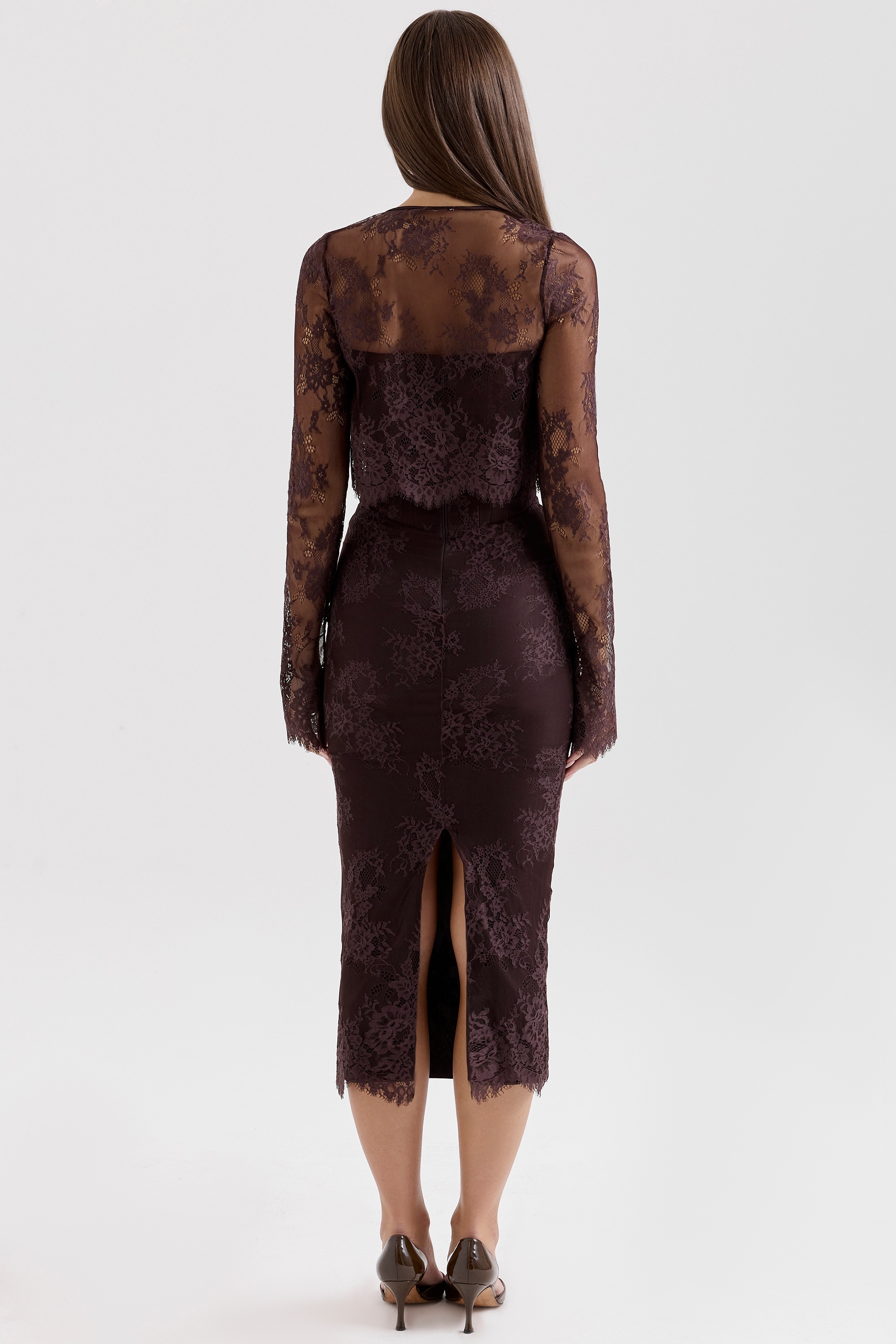 Bitter Chocolate Lace Corset Midi Dress & Bolero - TREBLEV