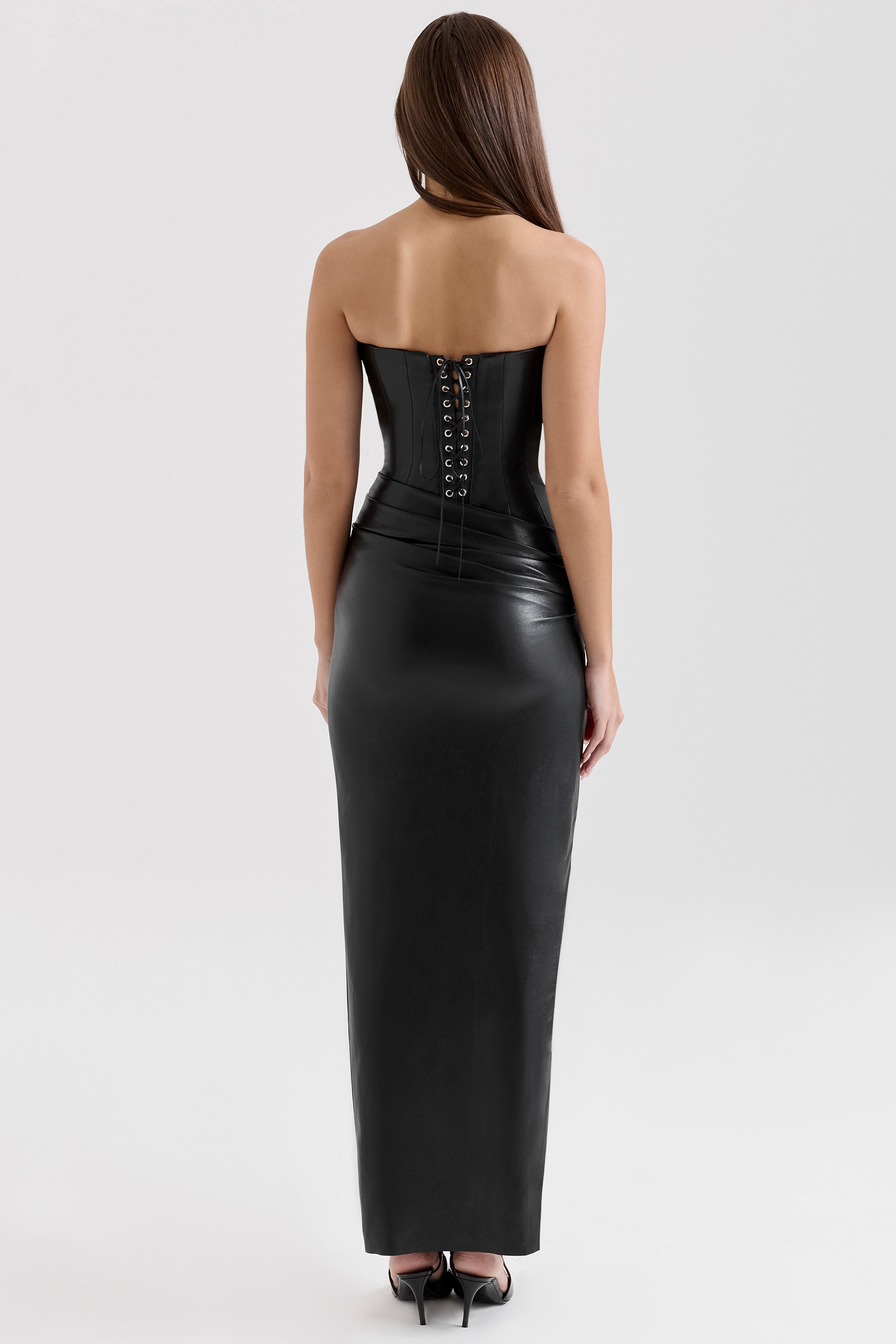 Black Strapless Vegan Leather Midi Dress - TREBLEV