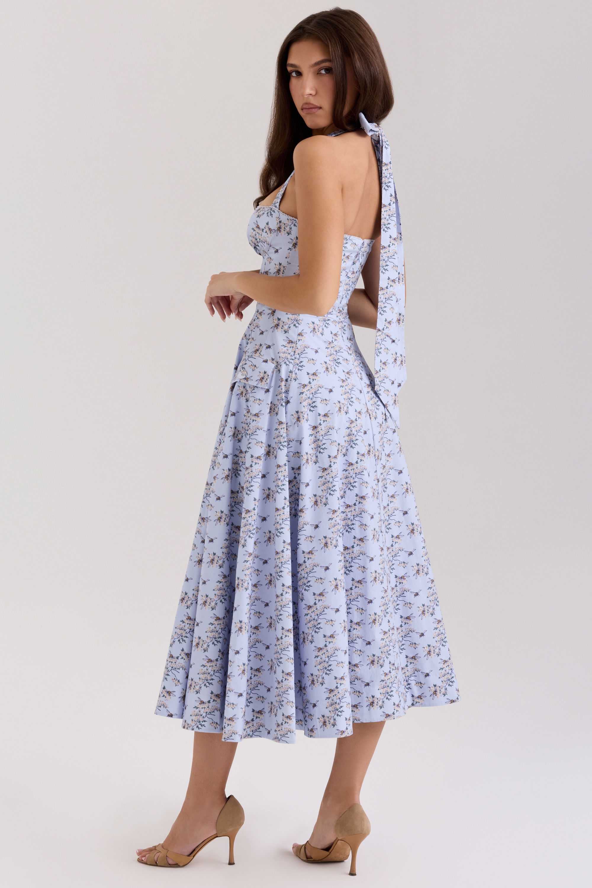 Blue Floral Print Stretch Cotton Halter Neck Midi Dress - TREBLEV