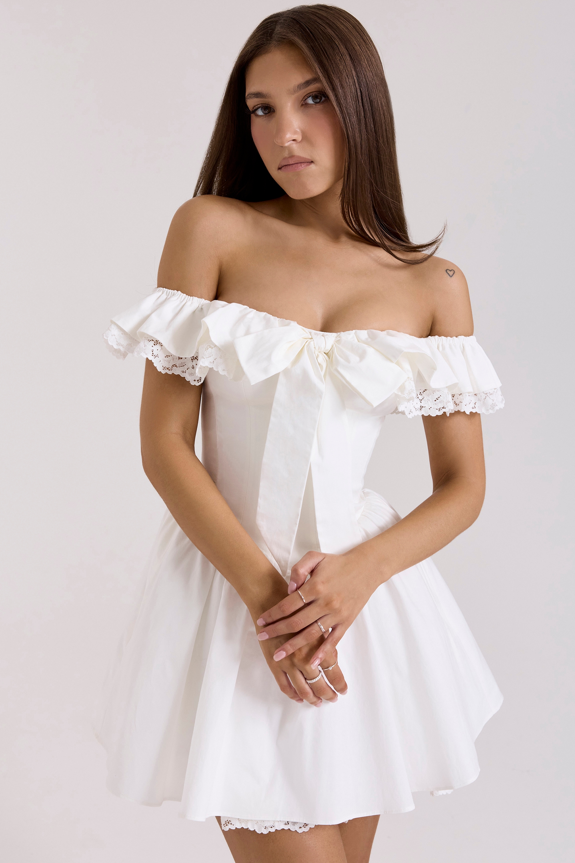 White Cotton Off Shoulder Corset Mini Dress - TREBLEV