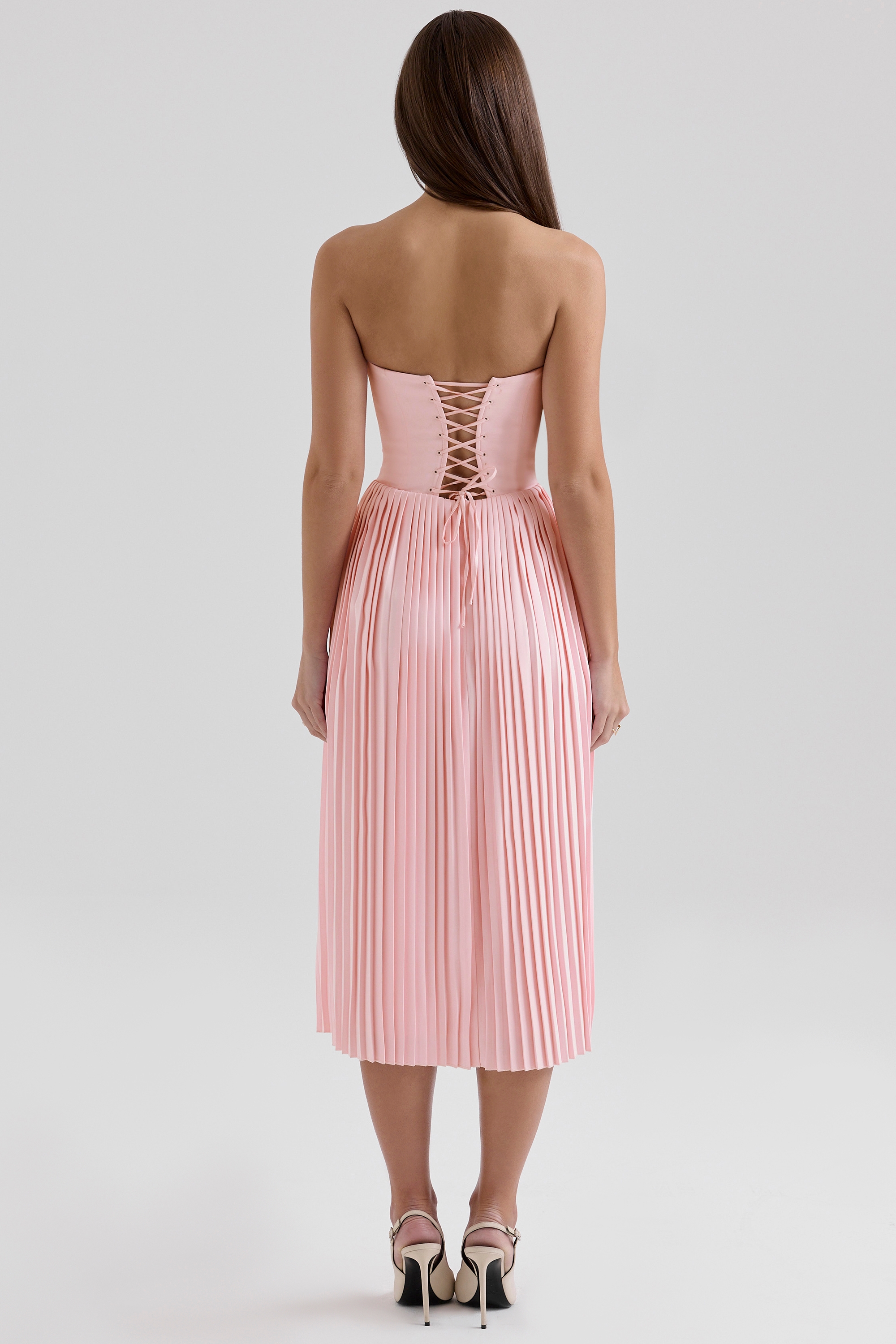 Pink Pleated Midi Corset Dress - TREBLEV