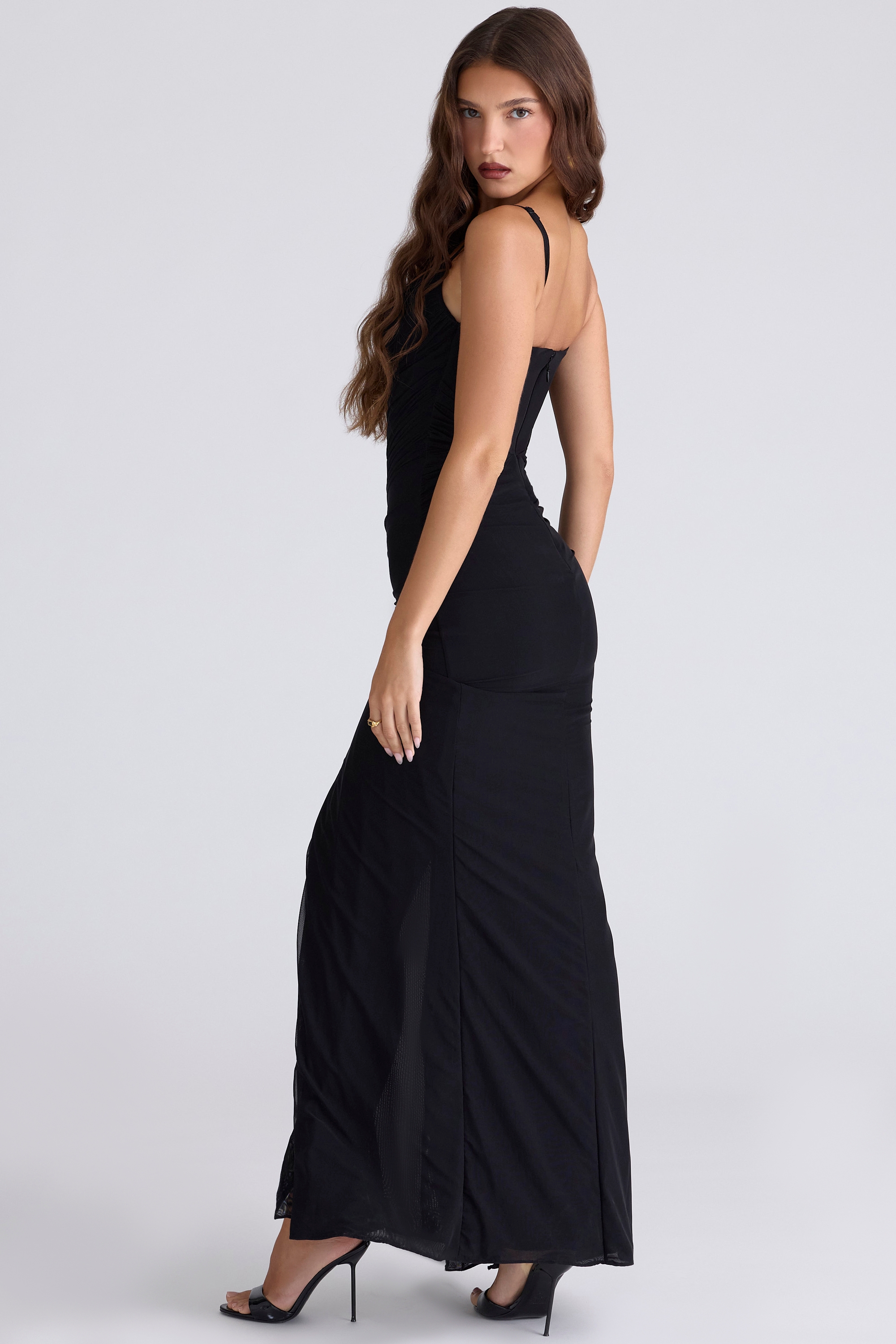 Black Stretch Mesh Draped Maxi Dress - TREBLEV