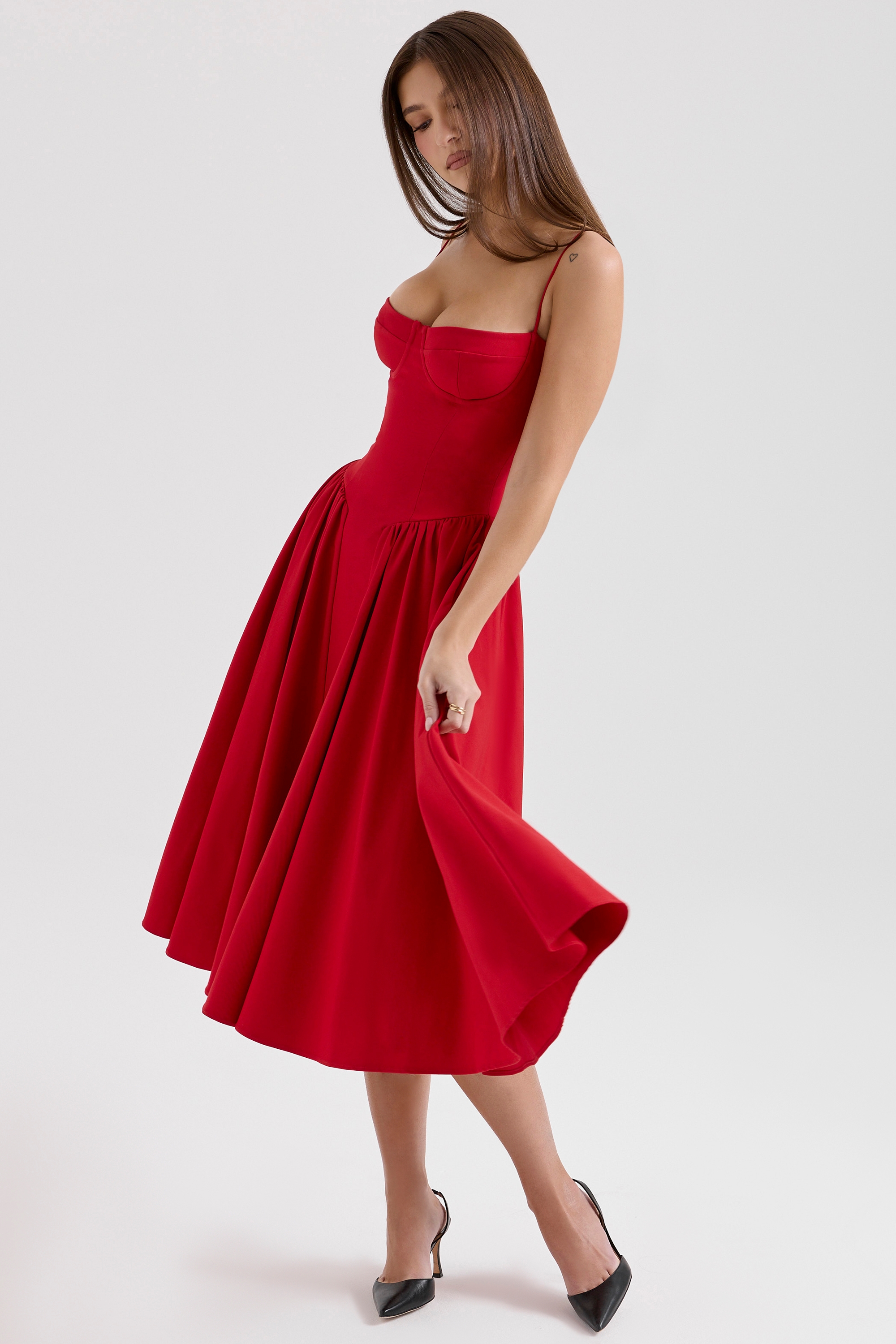 Red Gathered Midi Dress - TREBLEV