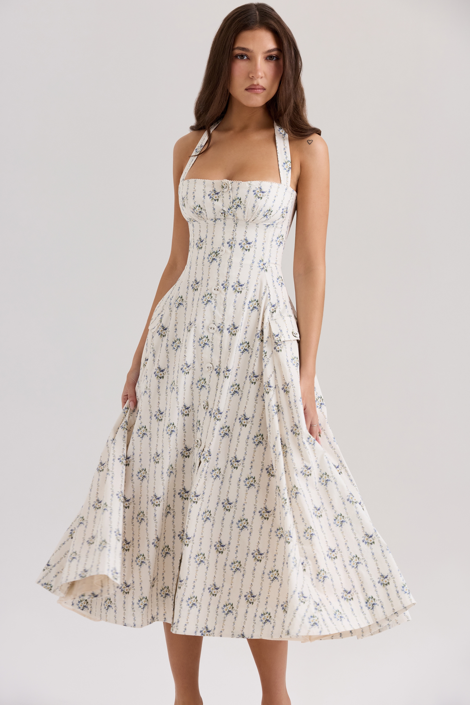 Cream Daisy Print Stretch Cotton Halter Neck Midi Dress - TREBLEV