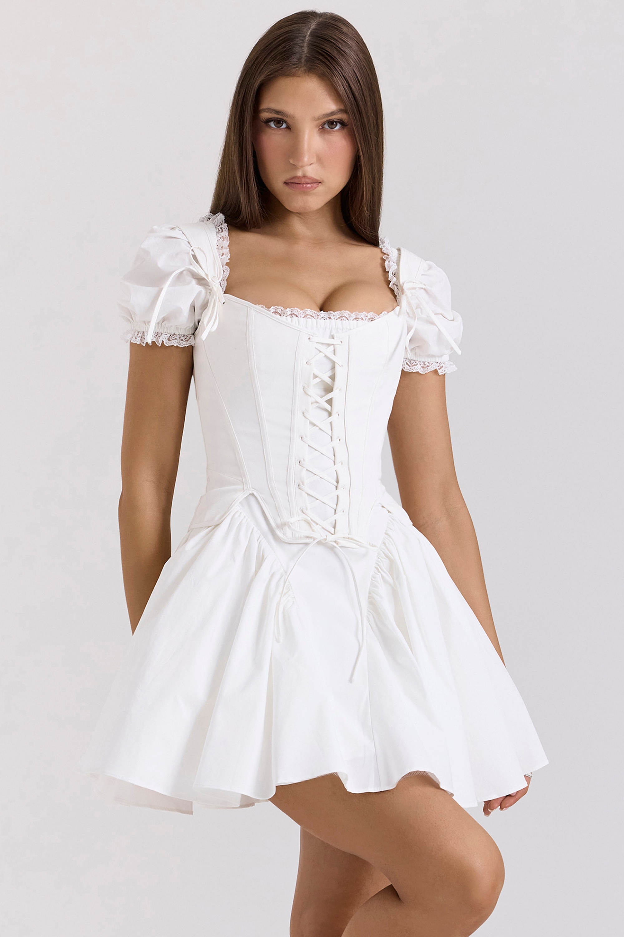 White Cotton Detachable Corset Mini Dress - TREBLEV