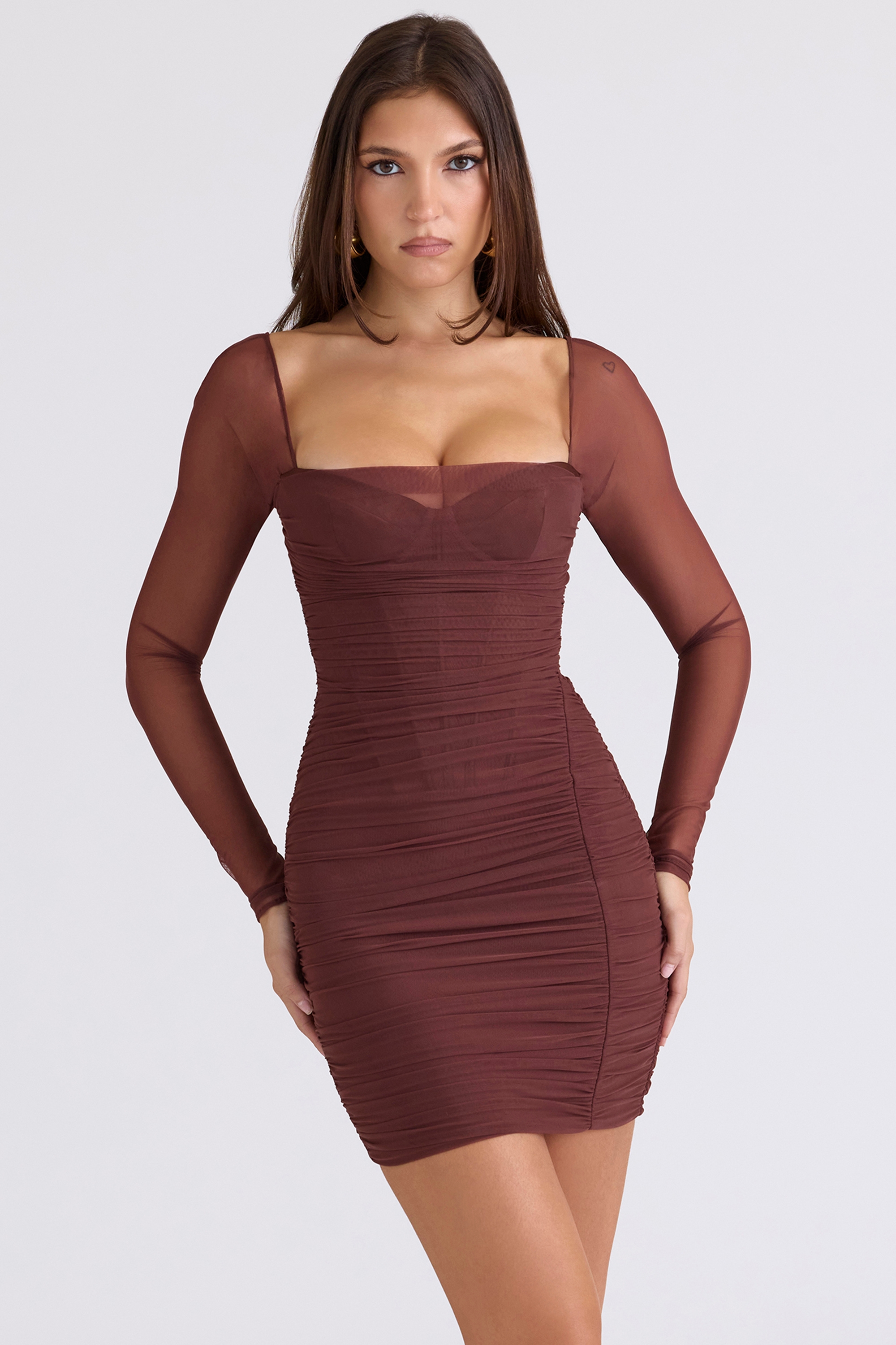 Mocha Mesh Long Sleeve Mini Dress - TREBLEV
