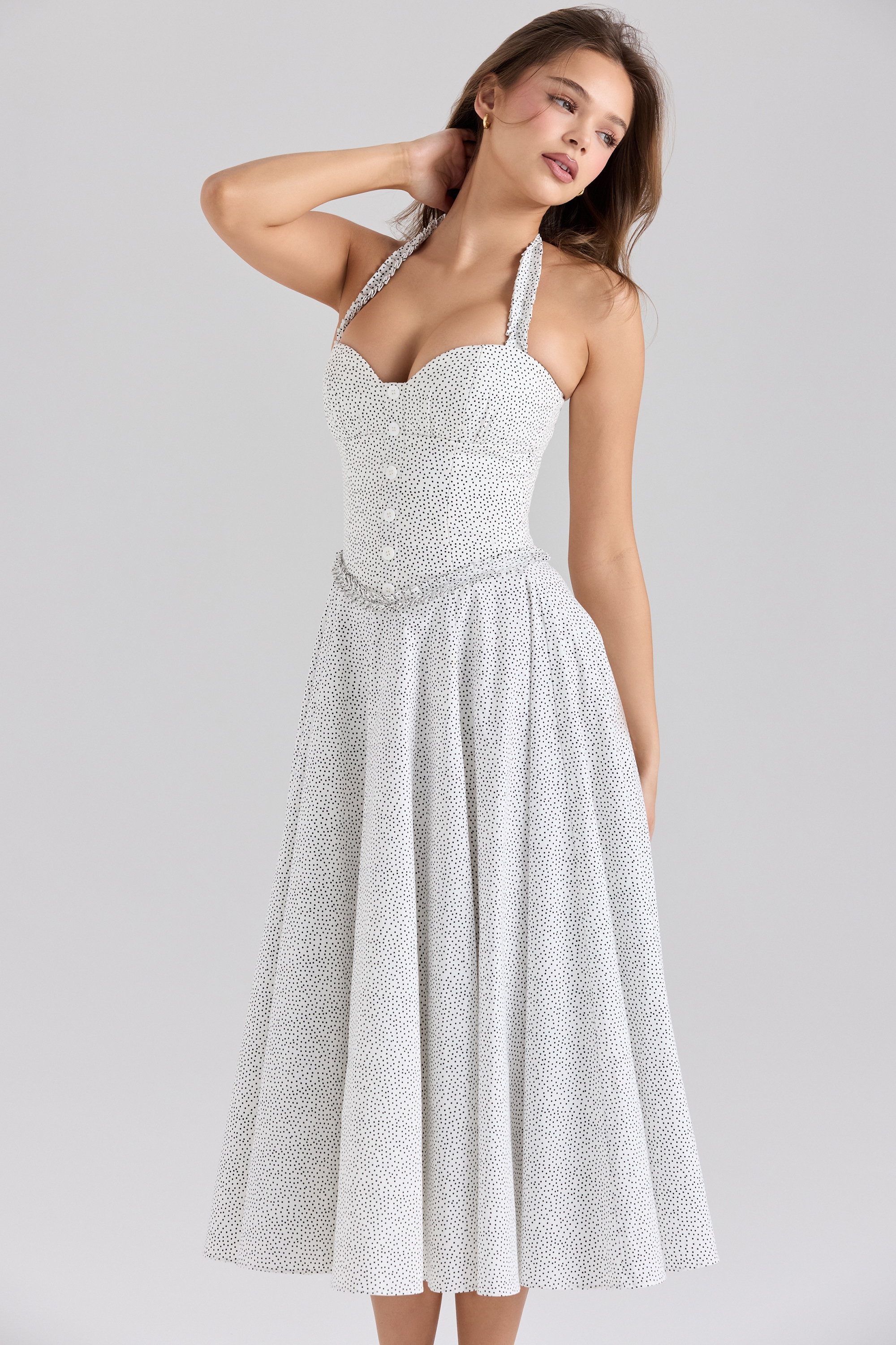 Cotton Halter Neck Polka Dot Print Midi Dress - TREBLEV