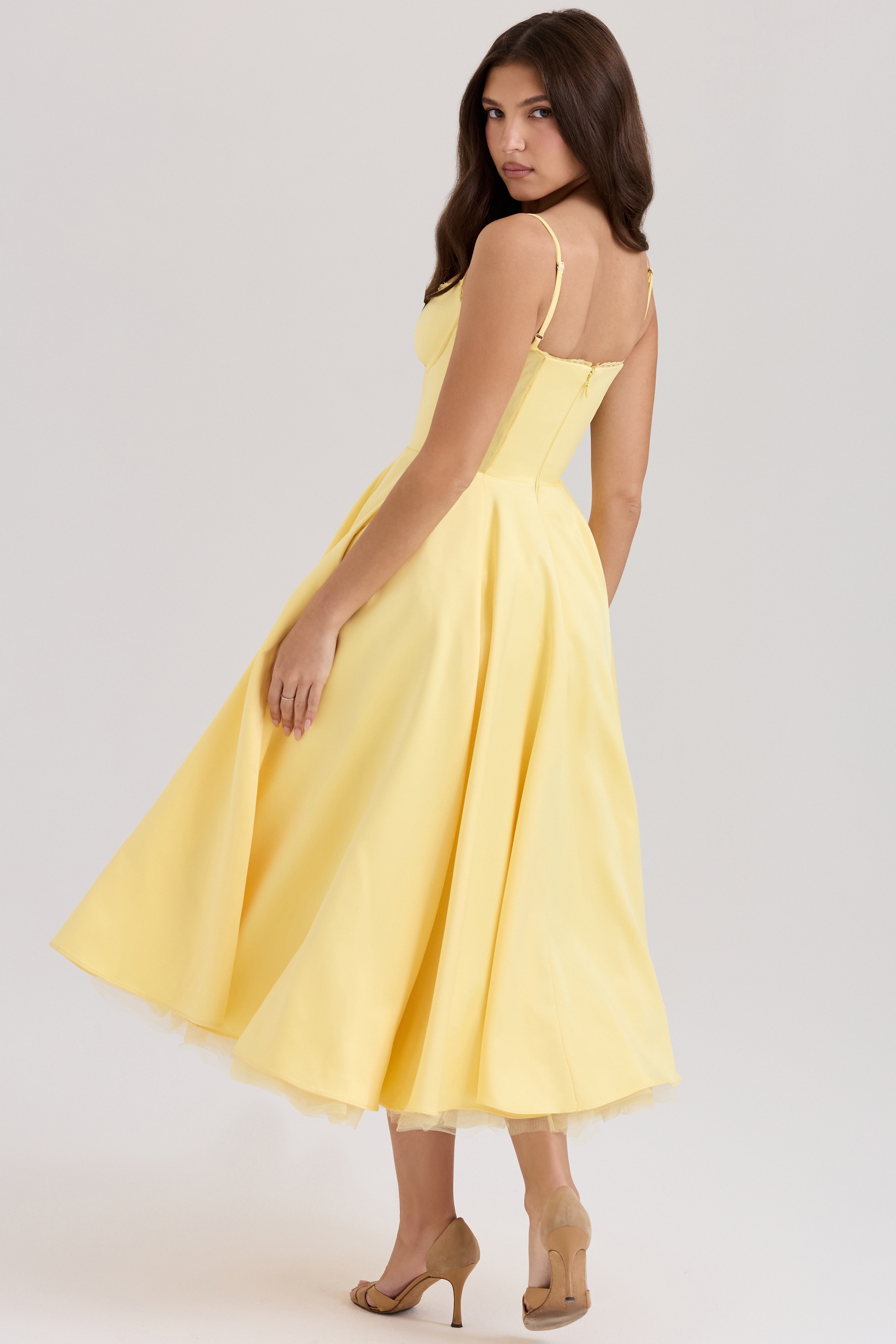 Sunshine Yellow Satin Tulle Midi Dress - TREBLEV