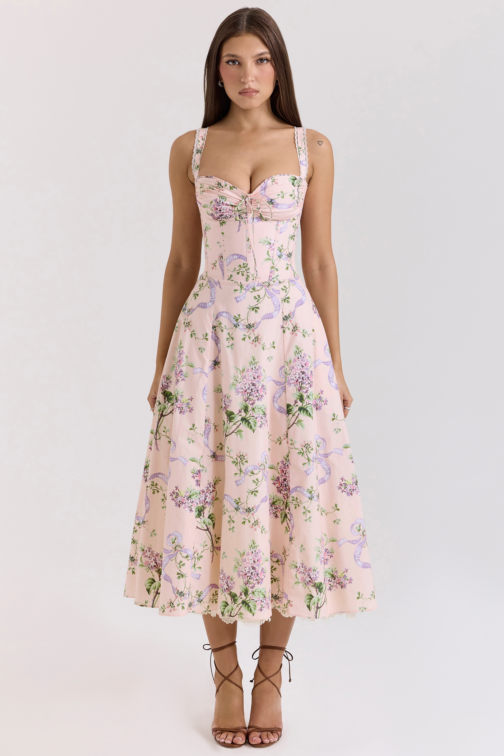 Pink Floral Corset Midi Dress - TREBLEV