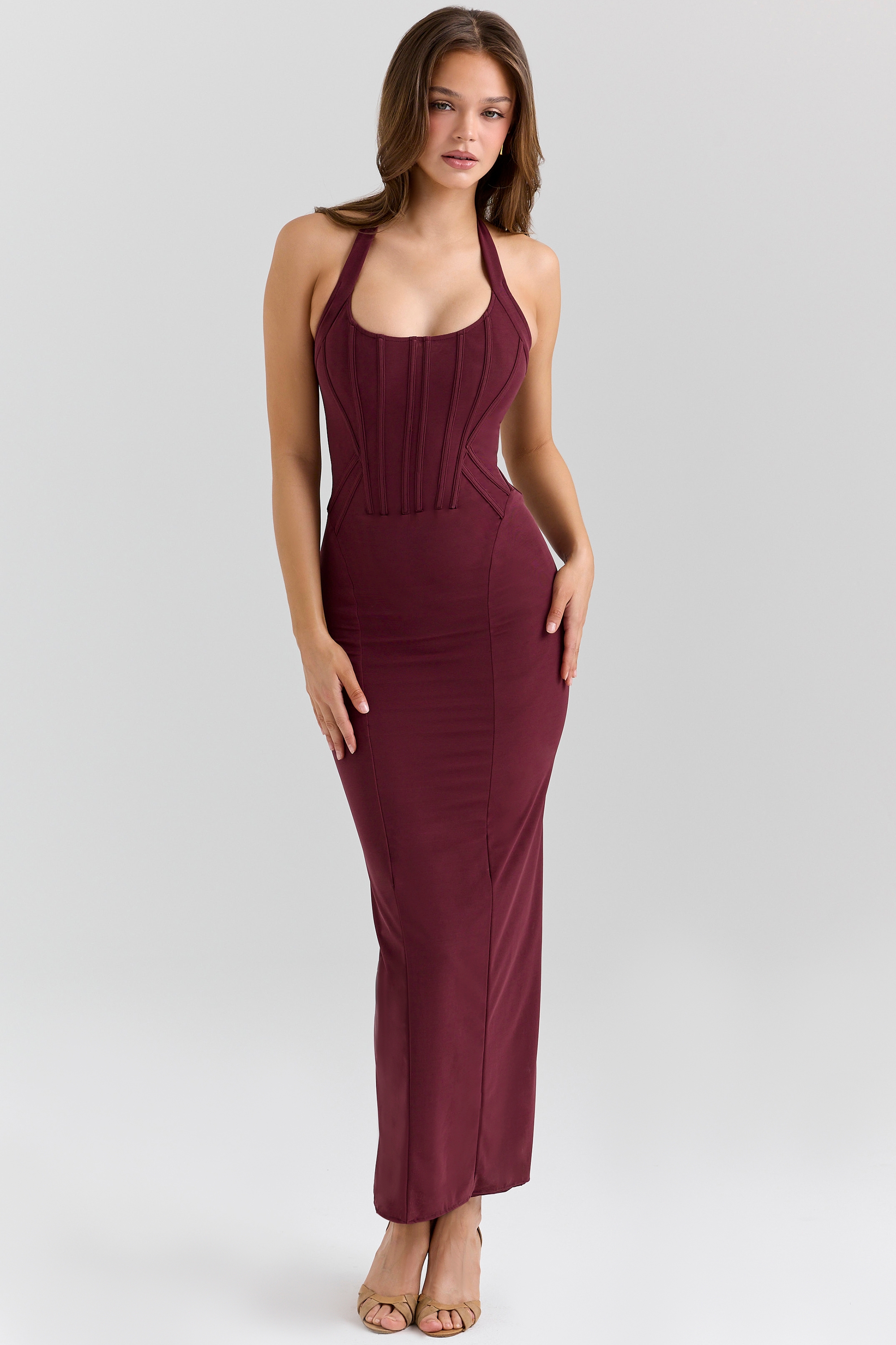 Grape Stretch Mesh Halter Neck Midi Dress - TREBLEV