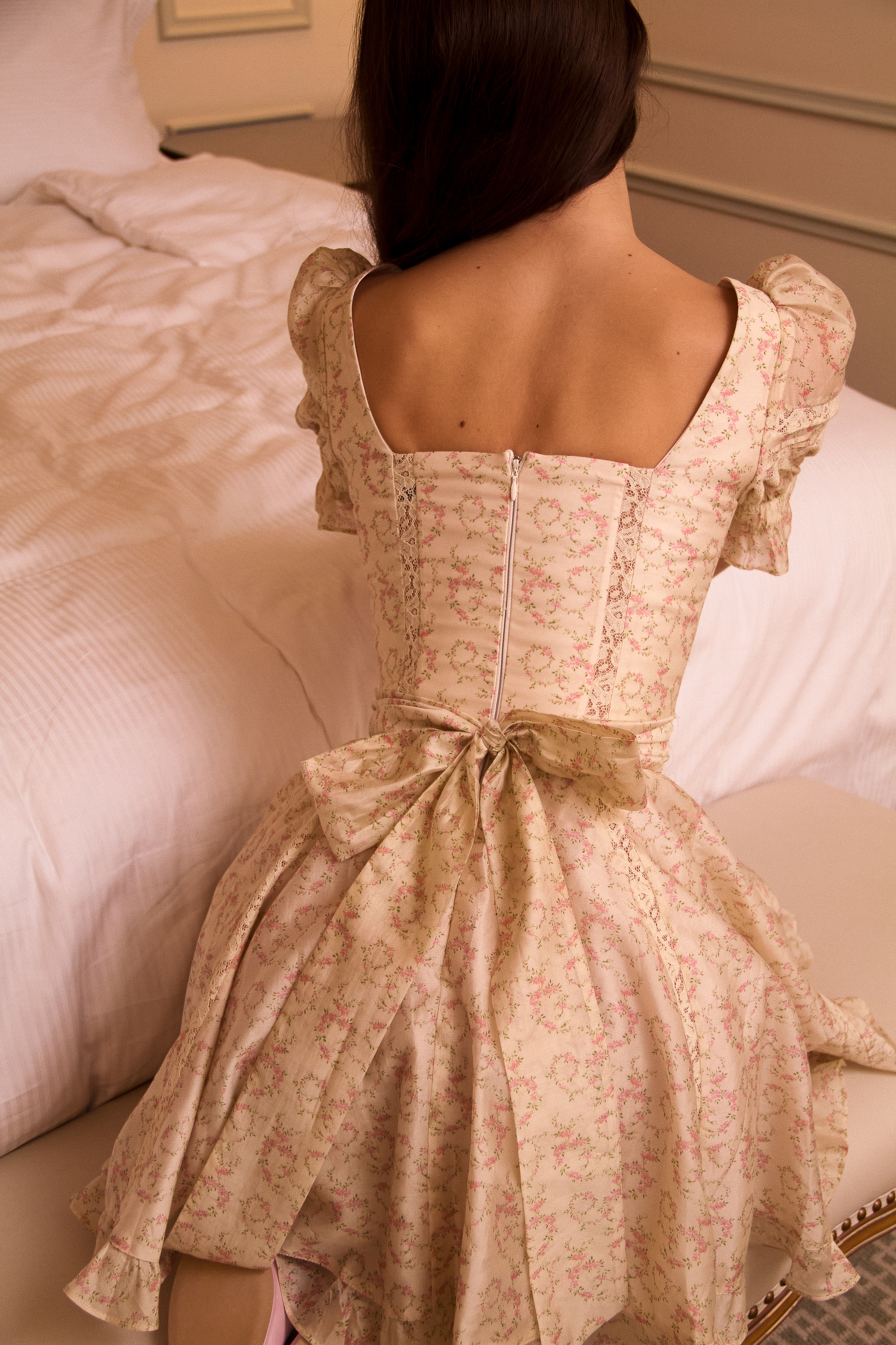 Cream Floral Print Chiffon Puff Sleeve Mini Dress - TREBLEV