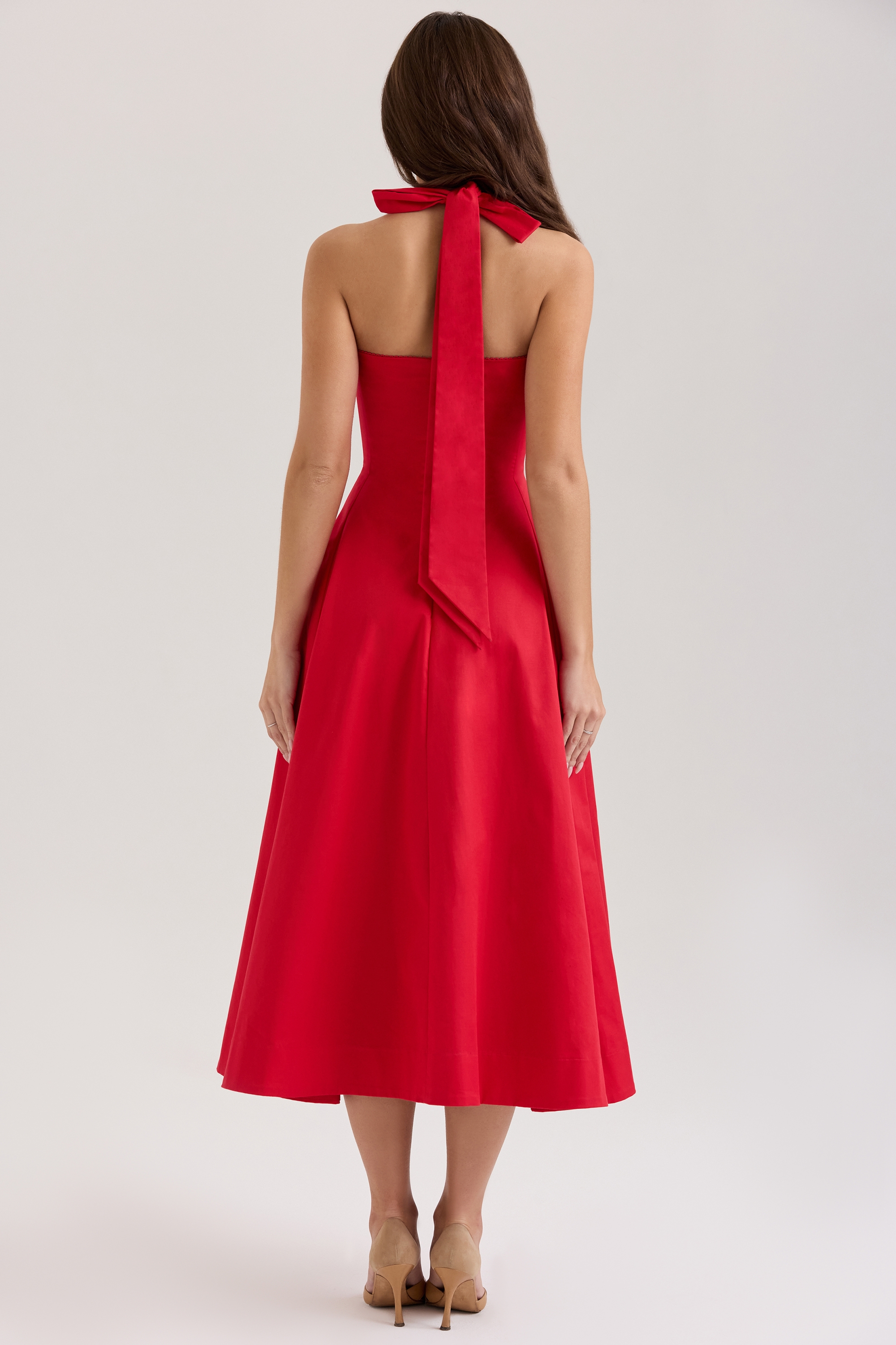 Red Stretch Cotton Button Halter Neck Midi Dress - TREBLEV