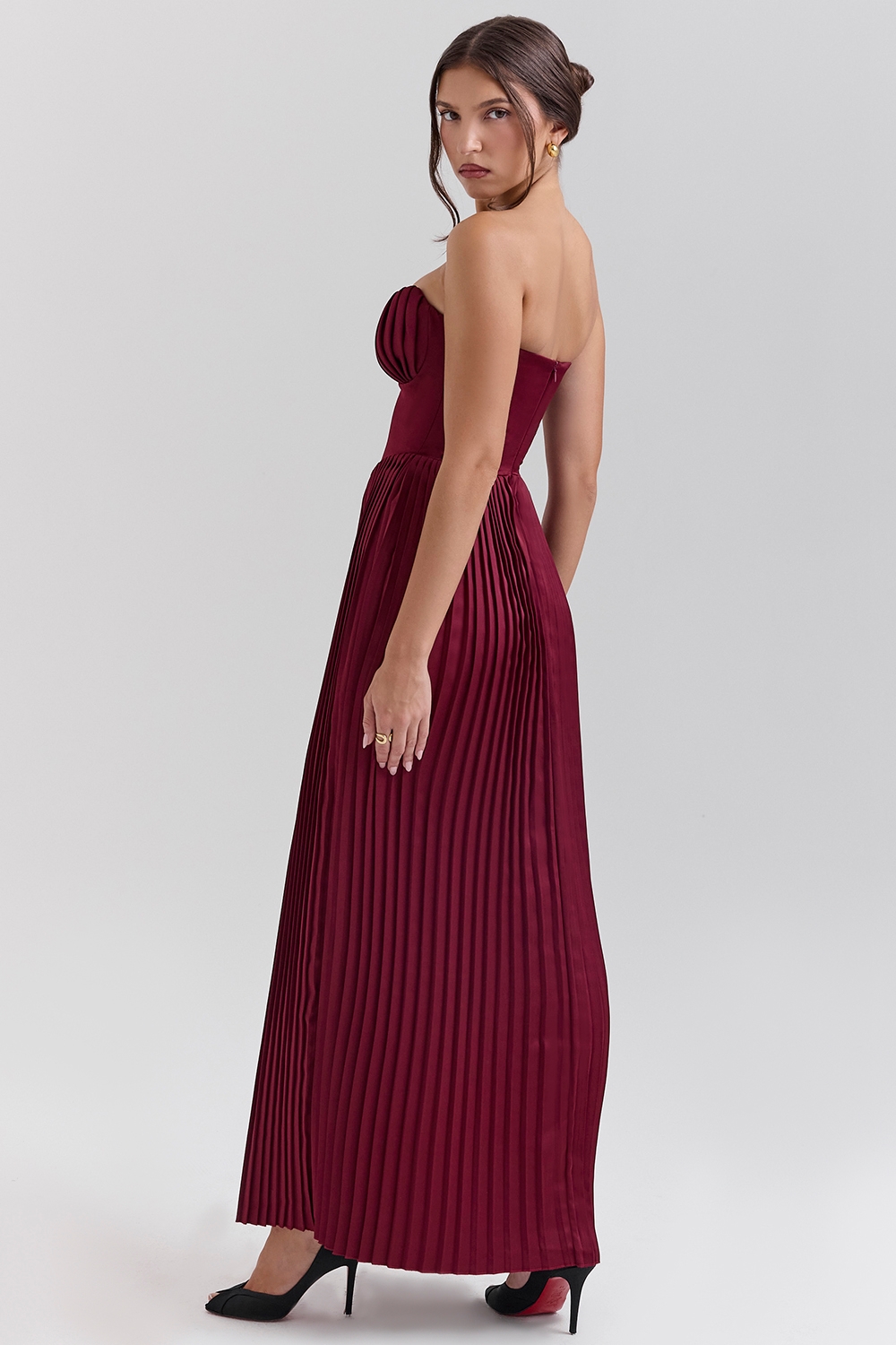 Berry Pleated Satin Maxi Dress - TREBLEV