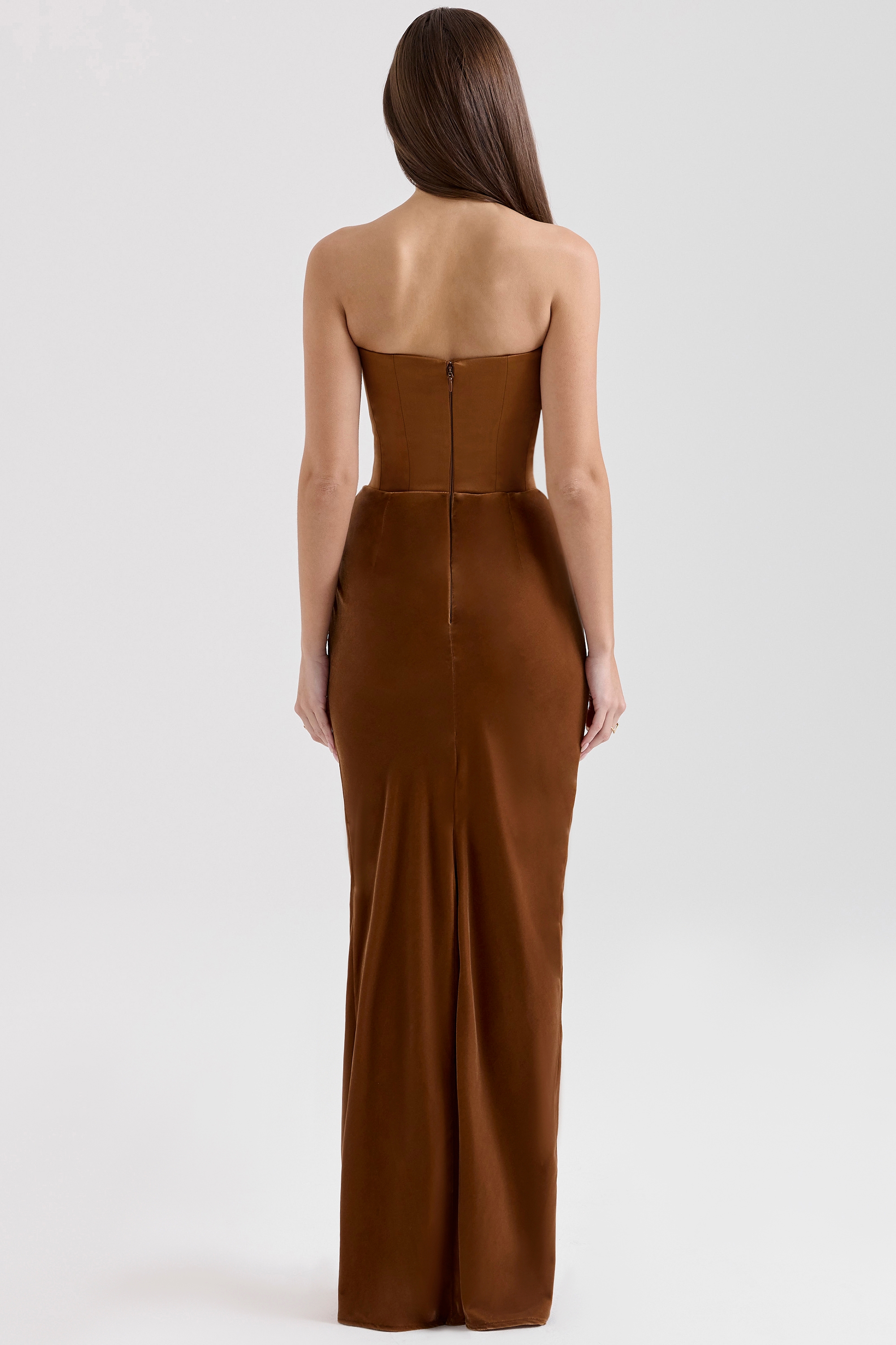 Coffee Velvet Strapless Corset Maxi Dress - TREBLEV