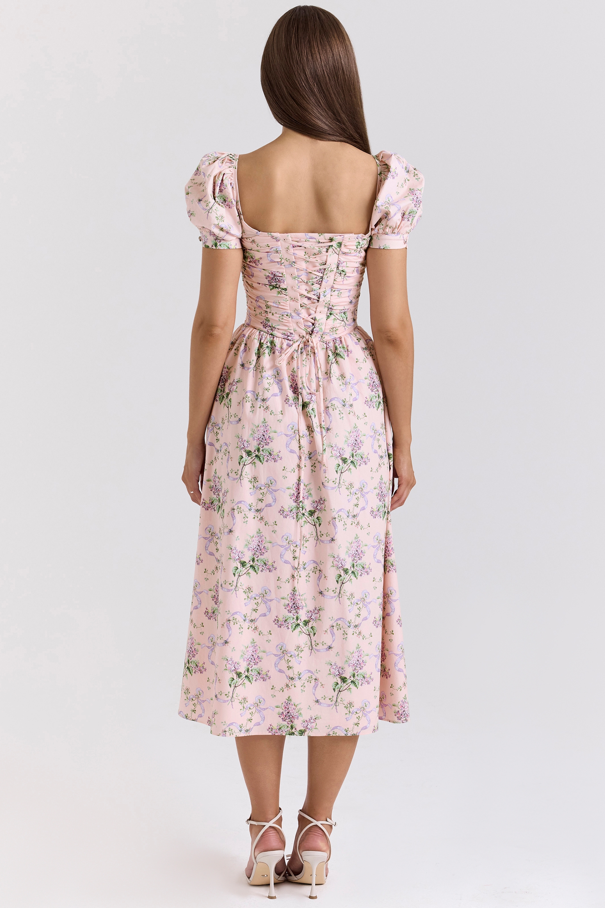 Pink Ribbon Print Cotton Midi Dress - TREBLEV