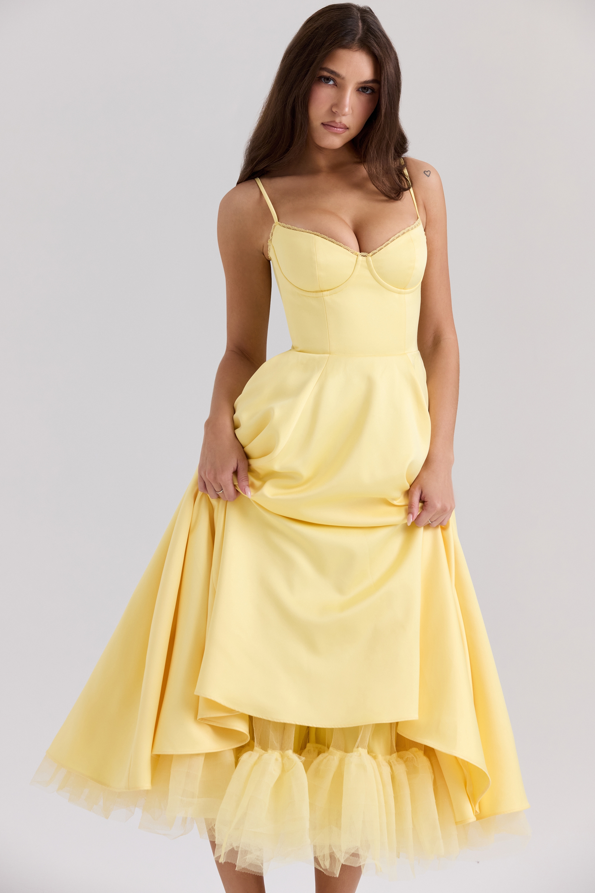 Sunshine Yellow Satin Tulle Midi Dress - TREBLEV