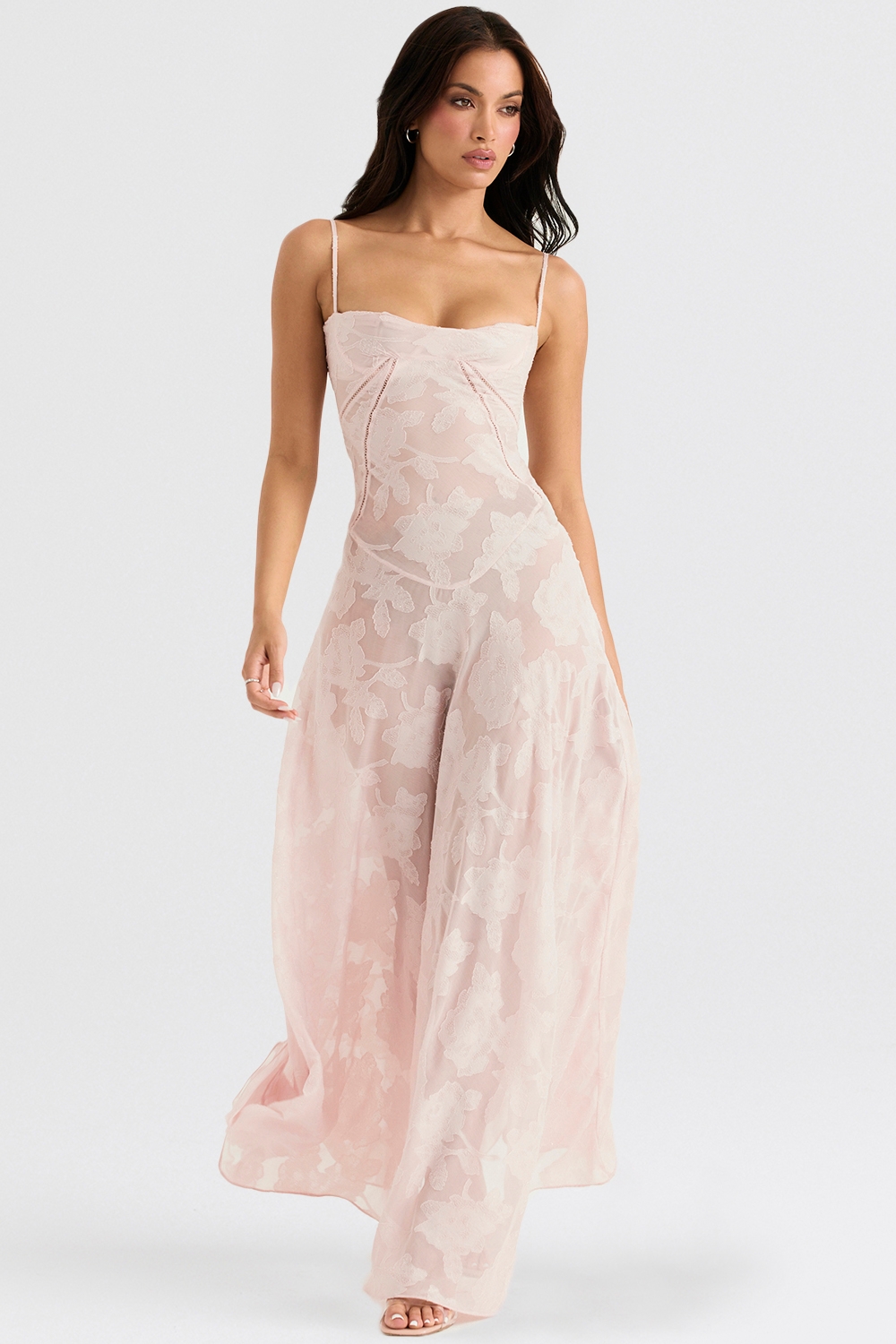 Soft Pink Floral Lace Back Maxi Dress - TREBLEV
