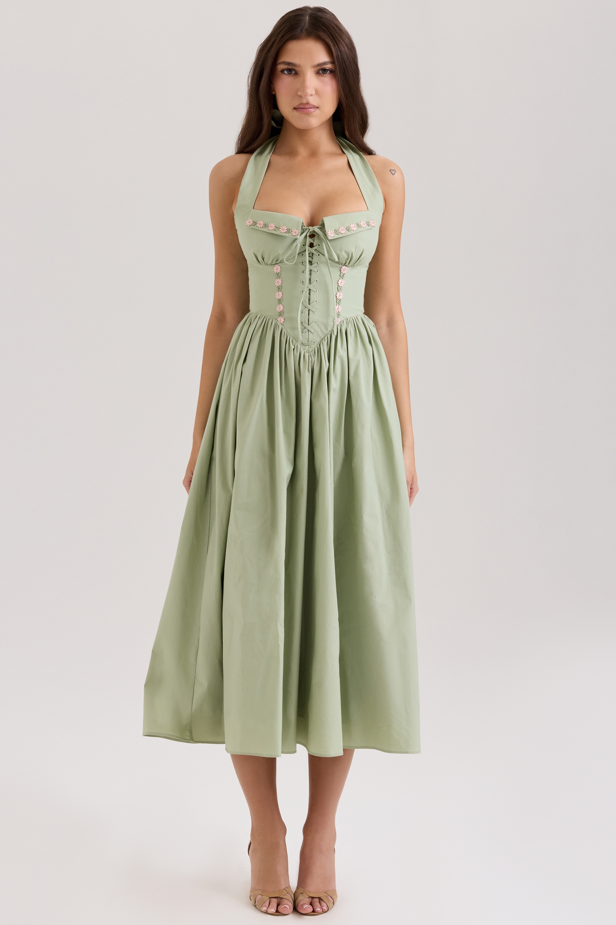 Sage Stretch Cotton Halter Neck Midi Dress - TREBLEV
