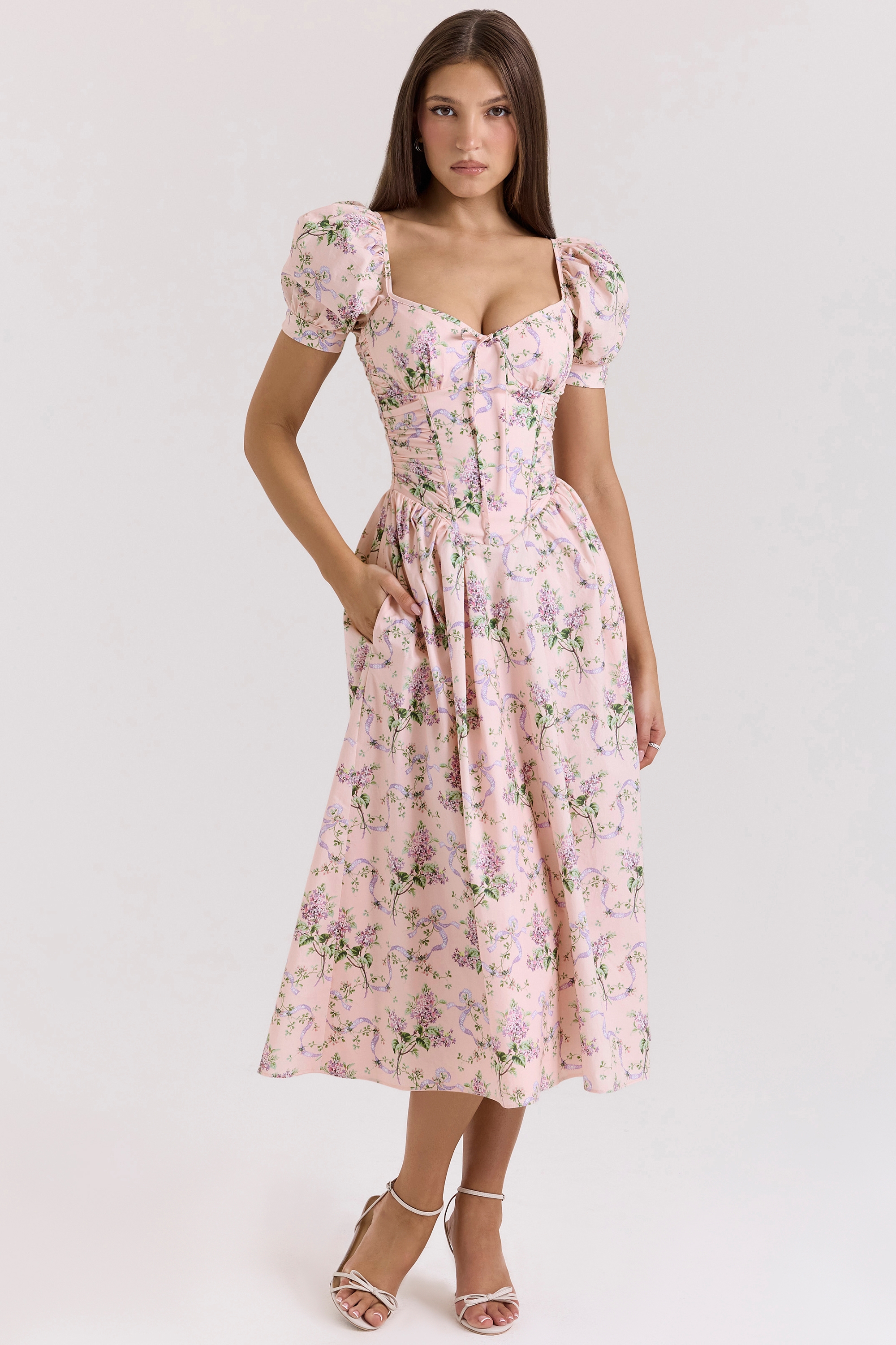 Pink Ribbon Print Cotton Midi Dress - TREBLEV