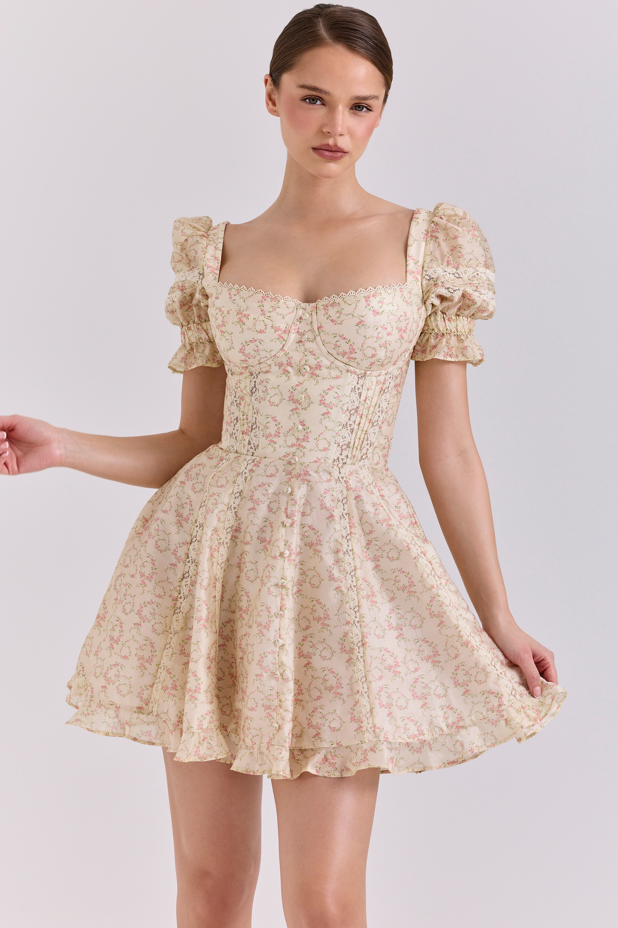 Cream Floral Print Chiffon Puff Sleeve Mini Dress - TREBLEV