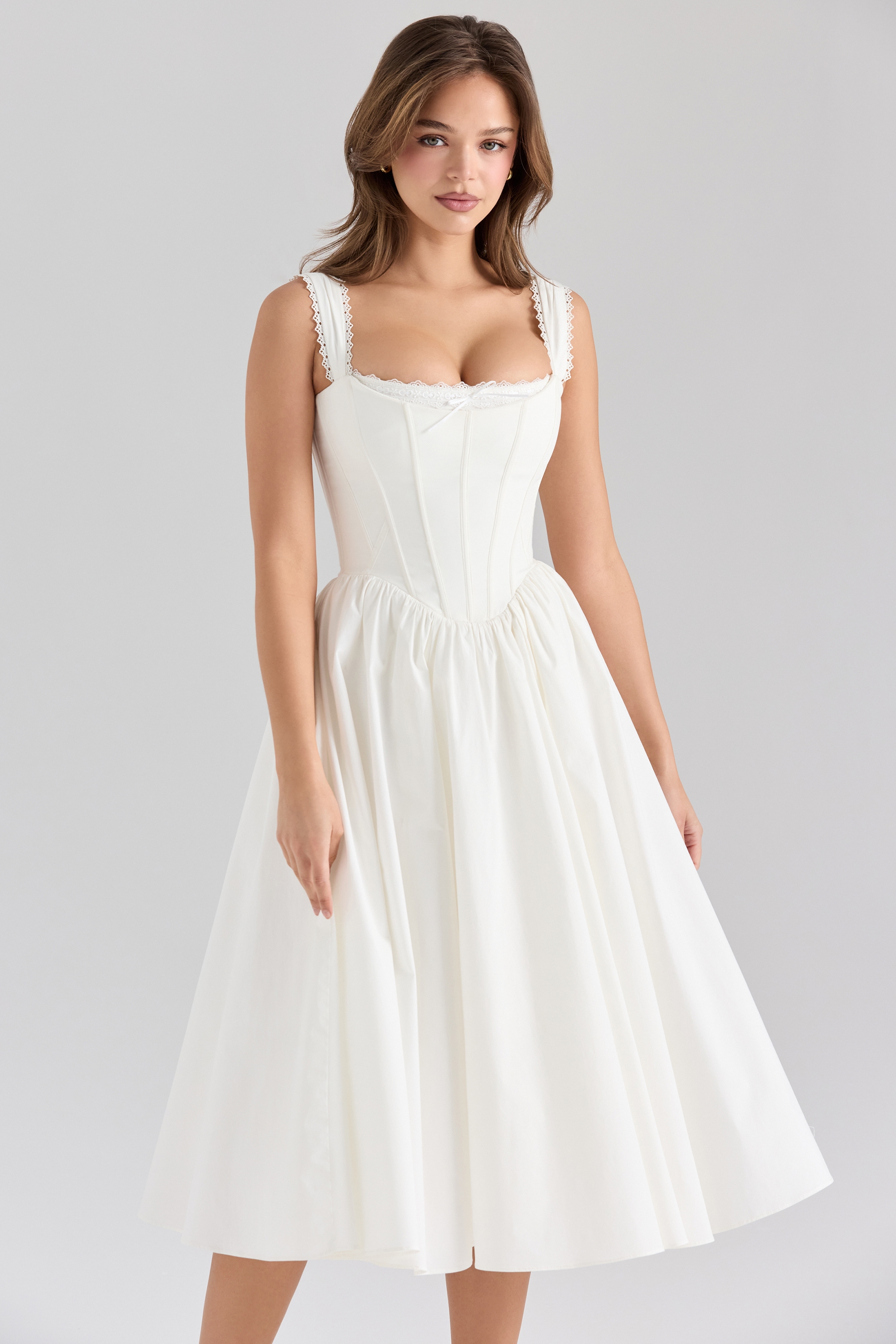 White Stretch Cotton Corset Midi Dress - TREBLEV