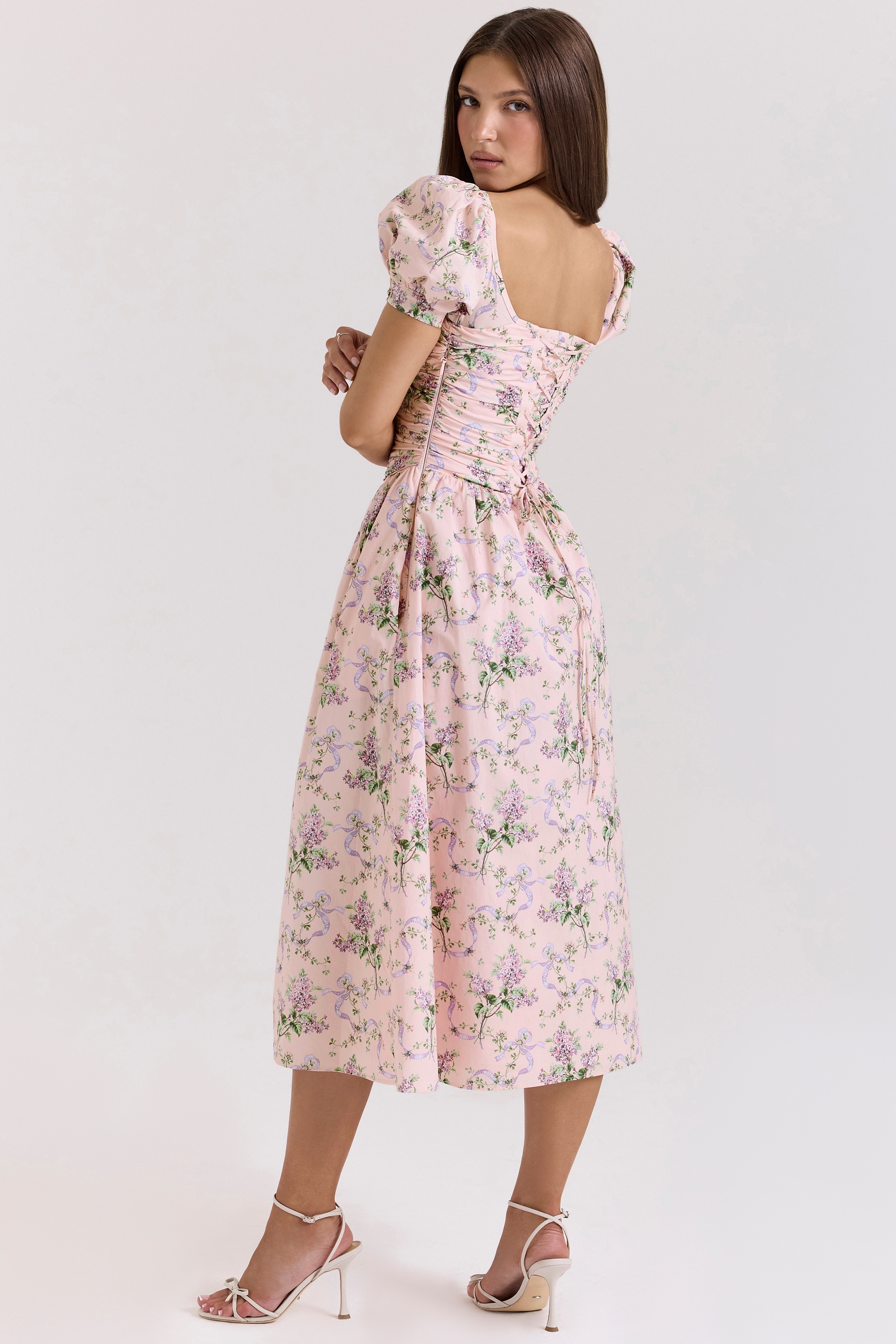 Pink Ribbon Print Cotton Midi Dress - TREBLEV