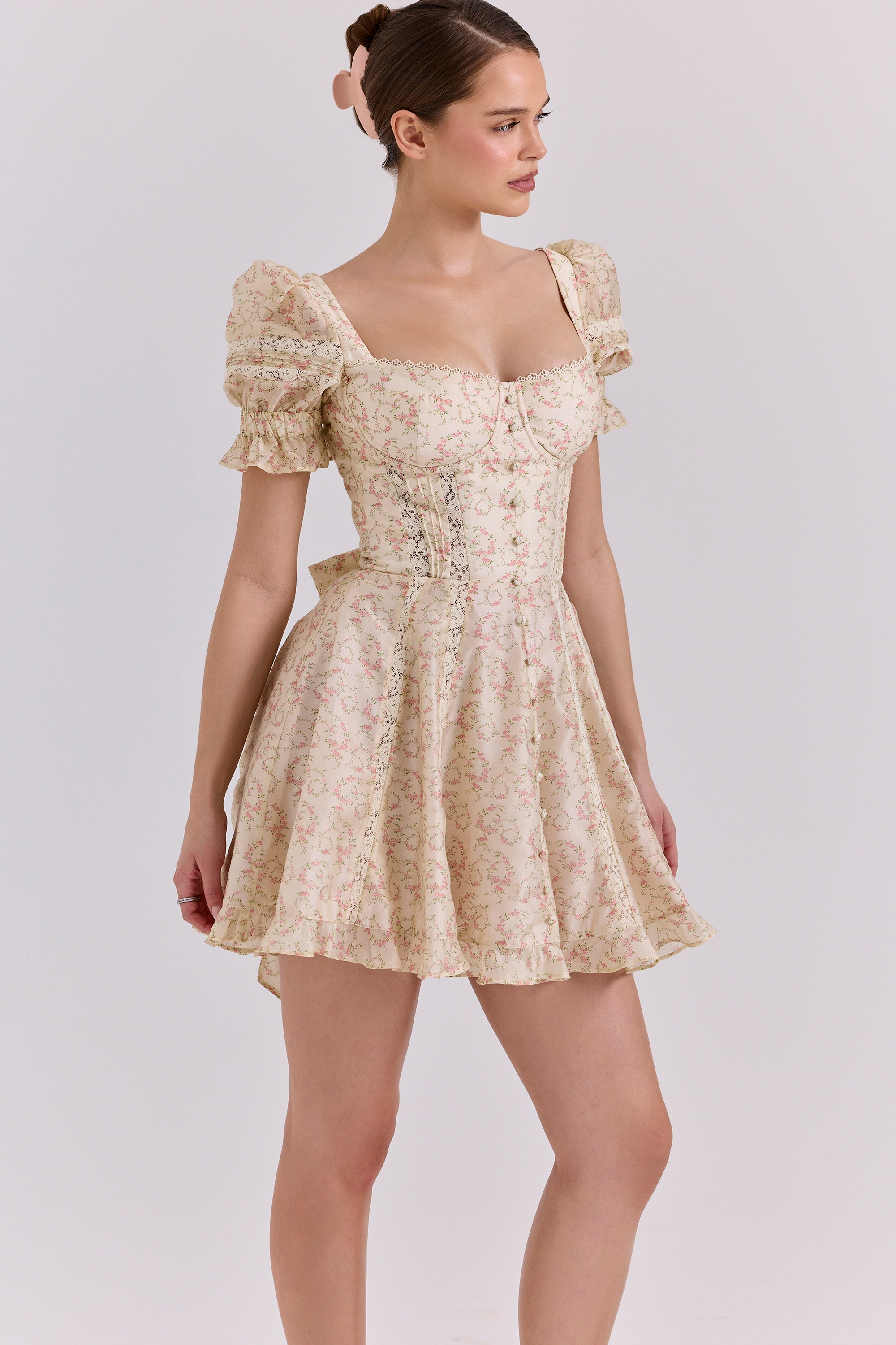 Cream Floral Print Chiffon Puff Sleeve Mini Dress - TREBLEV