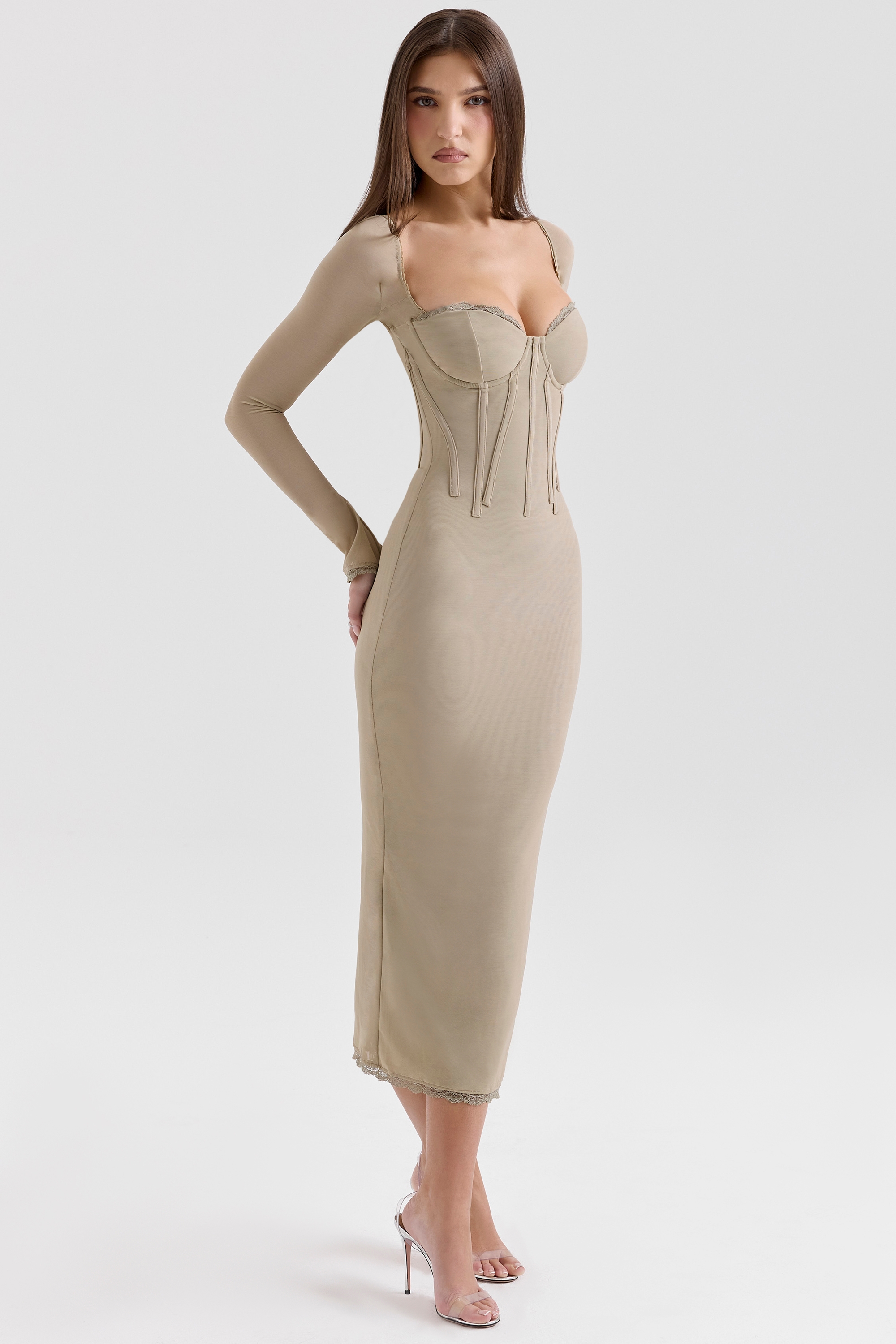 Beige Mesh Long Sleeve Bodycon Midi Dress - TREBLEV