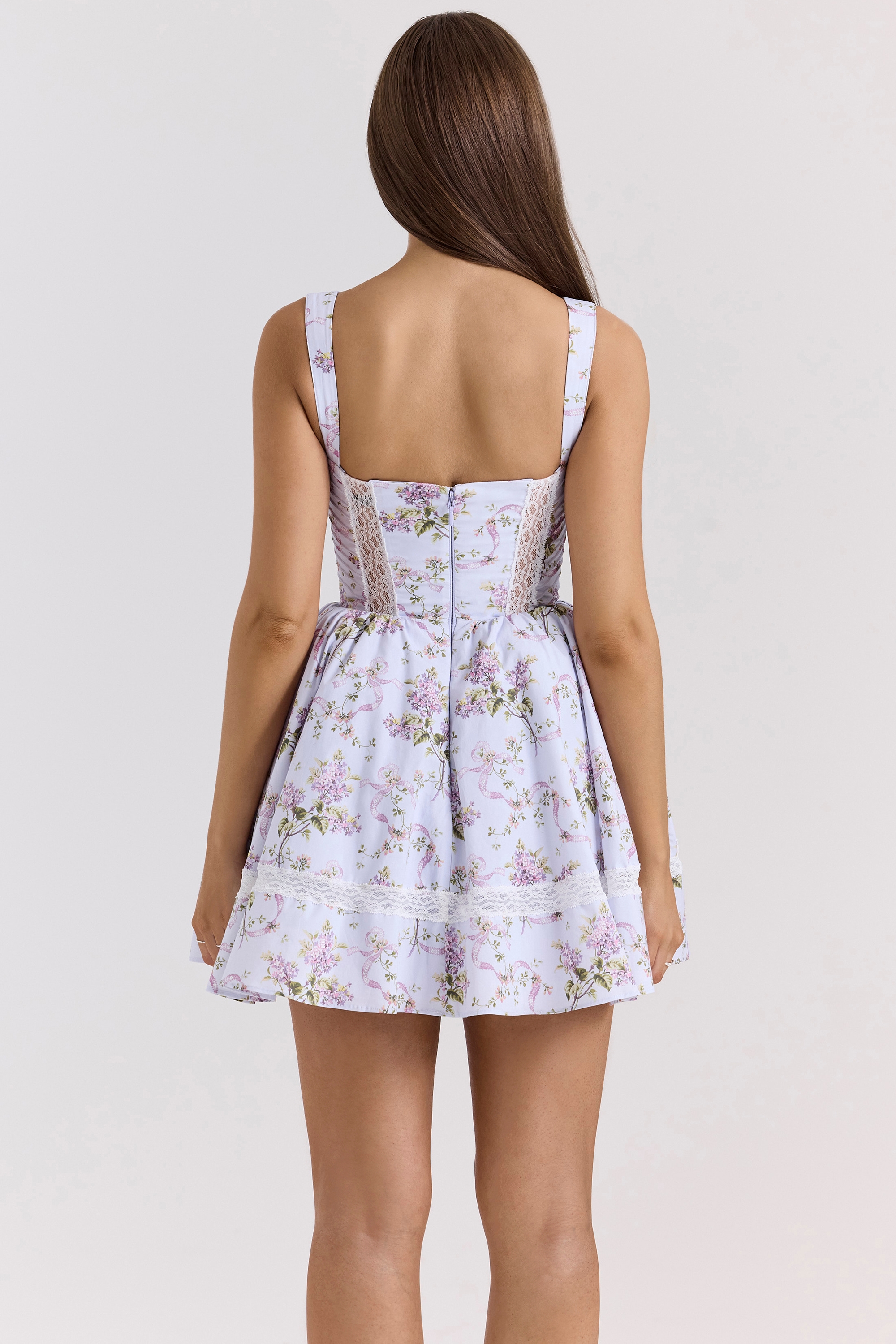 Lilac Ribbon Print Cotton Mini Dress - TREBLEV