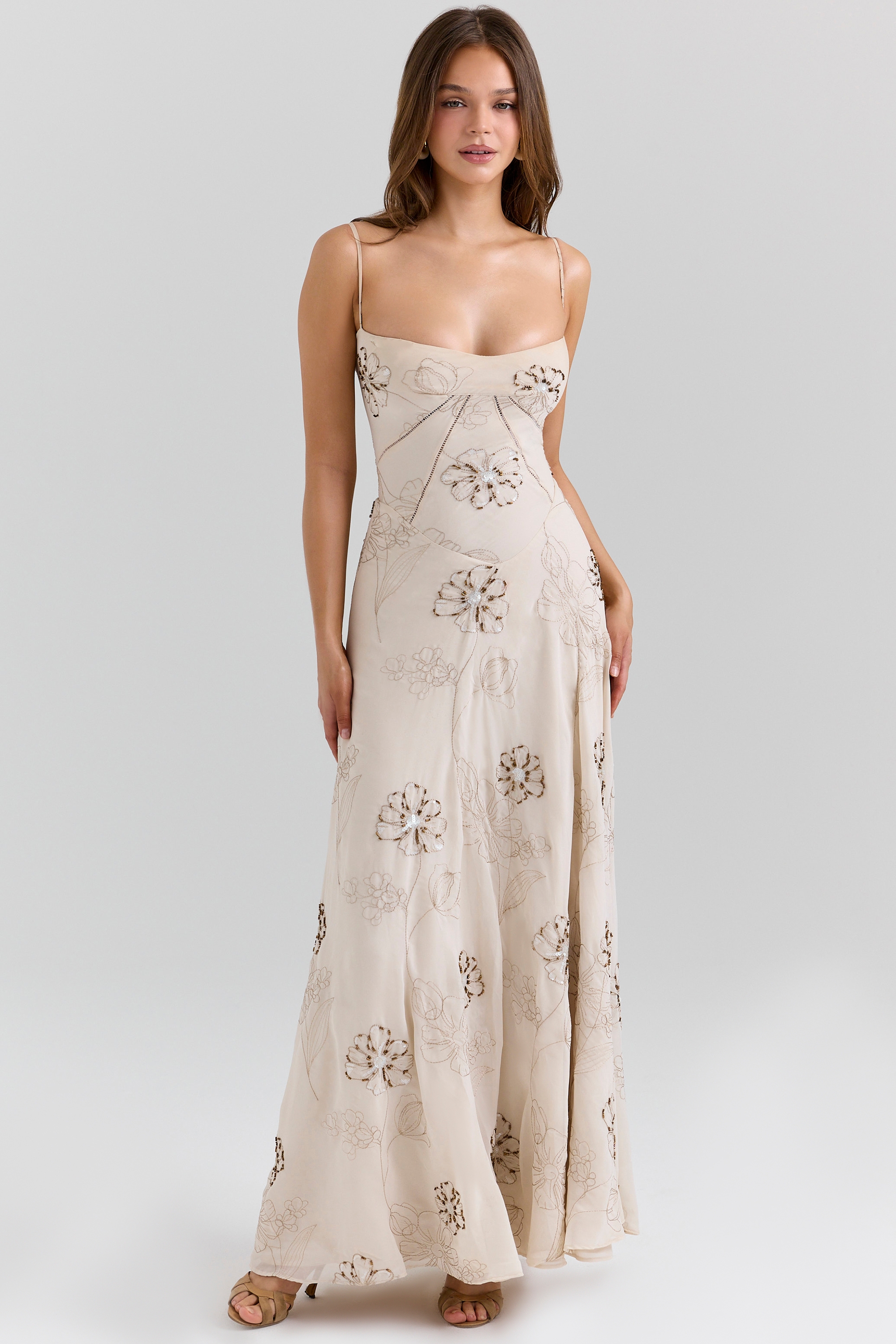 Vanilla Embroidered Hand Beaded Floral Maxi Dress - TREBLEV