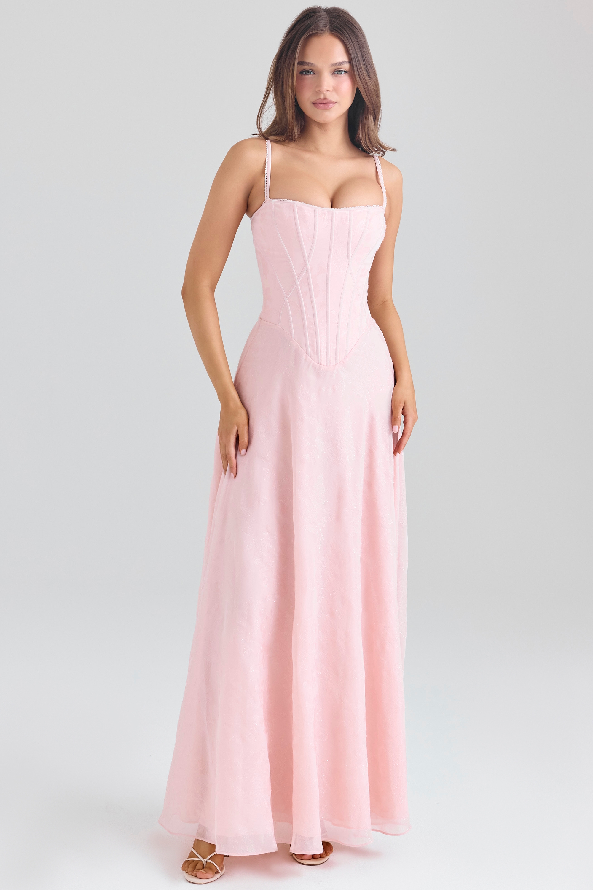 Blush Pink Lurex Chiffon Maxi Dress - TREBLEV