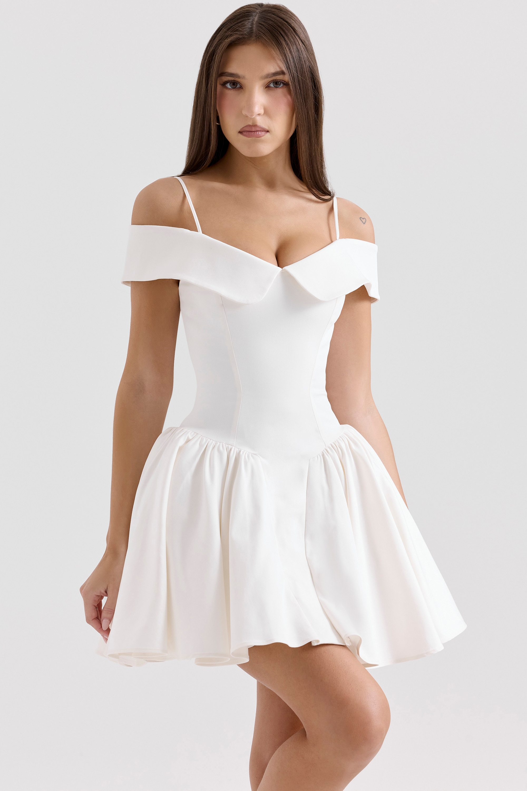 White Twill Off Shoulder Mini Dress - TREBLEV