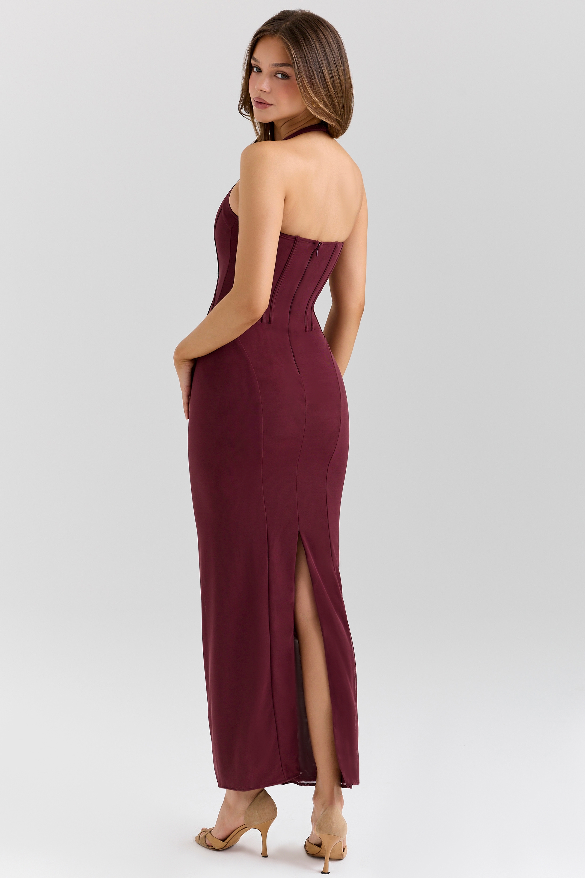 Grape Stretch Mesh Halter Neck Midi Dress - TREBLEV